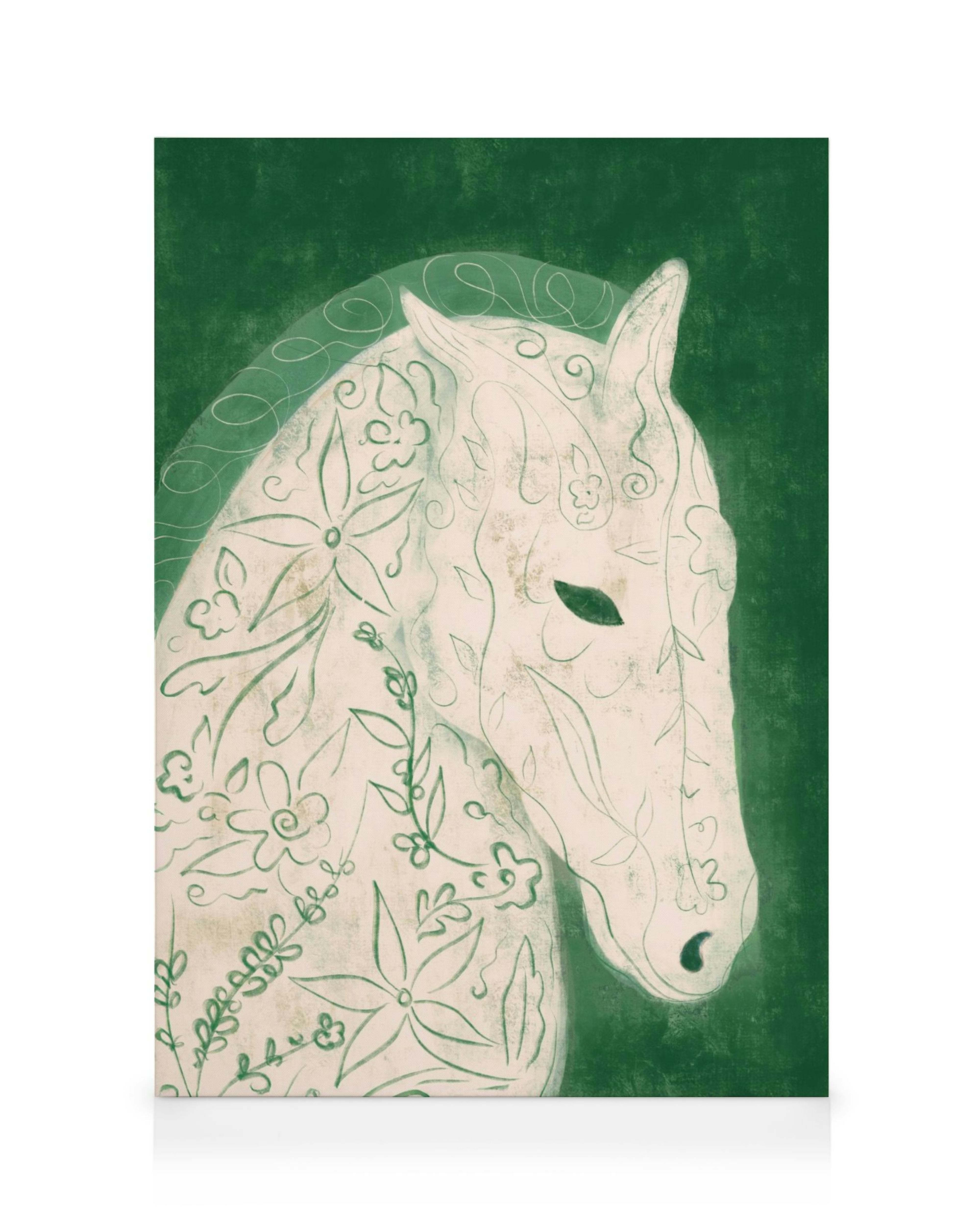 Lienzo de arte abstracto de un caballo blanco con contornos florales verdes, sobre un fondo verde oscuro.