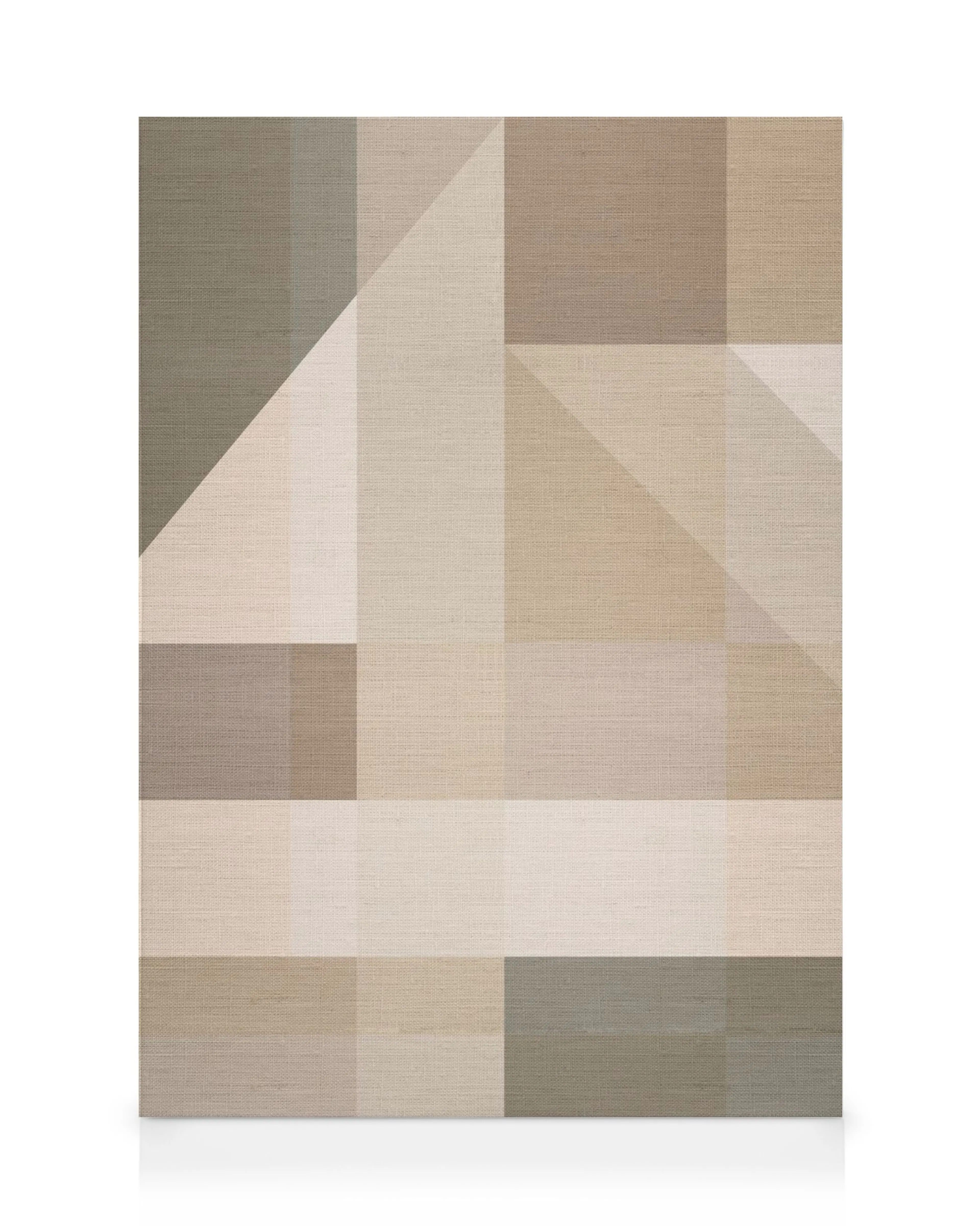 Lerret med abstrakte myke firkanter i beige, grønt og grått, med lintekstur og geometriske former.