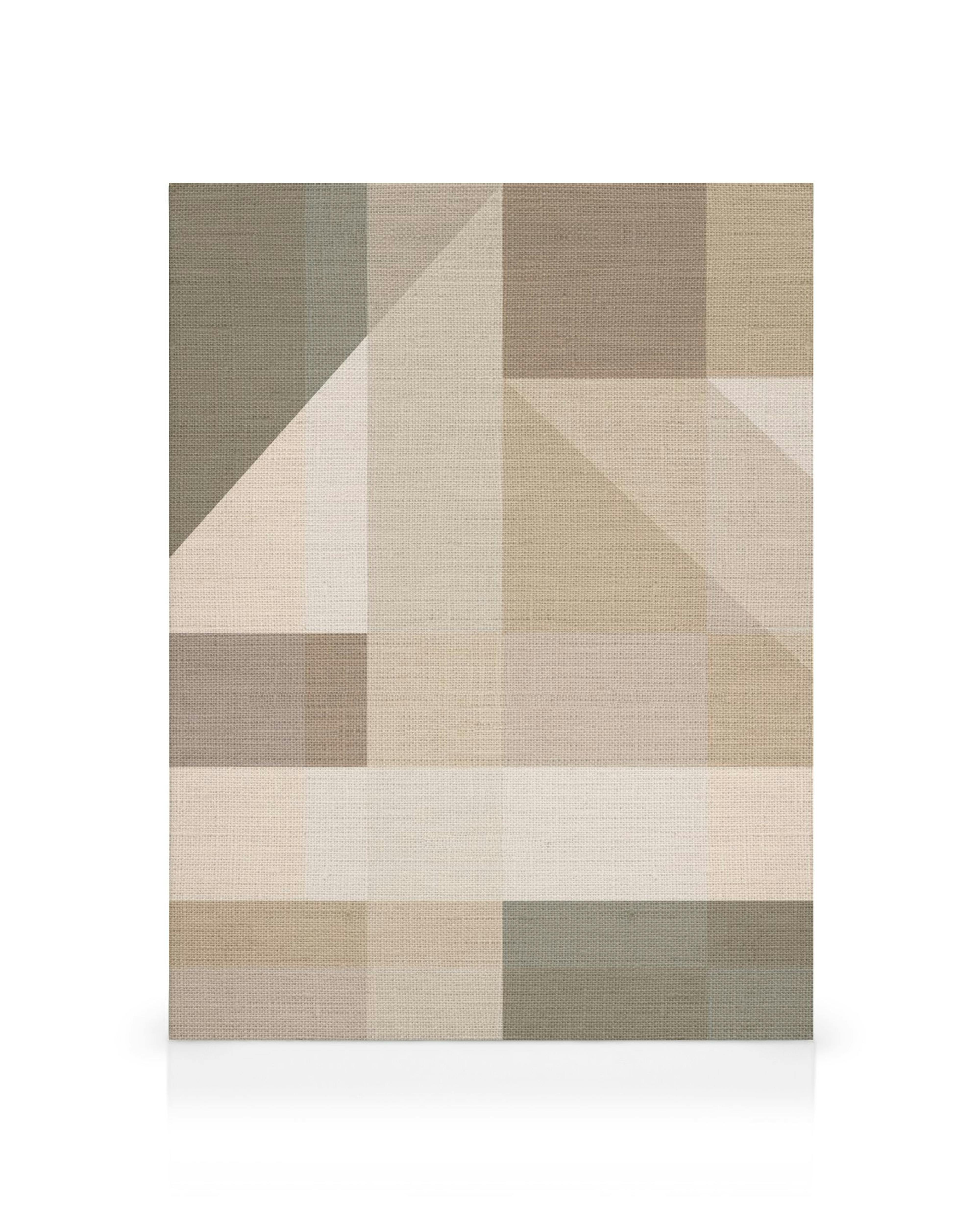 Kanvaasituloste, jossa on pellavamaisia geometrisia muotoja ja kolmioita neutraaleissa beigeissä, ruskeissa ja valkoisissa sävyi