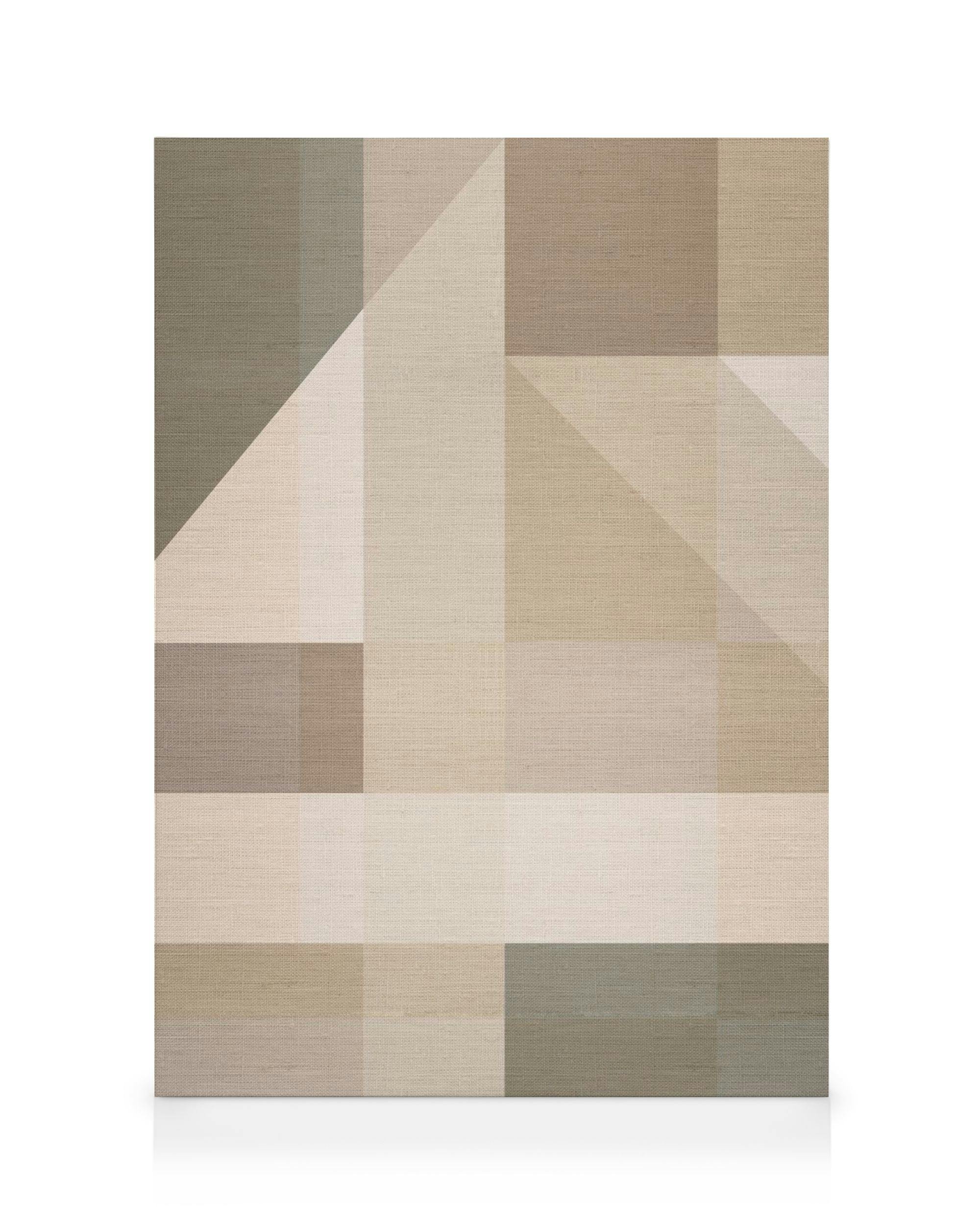 Linnen canvas met abstracte geometrische blokken in neutrale, aardse tinten, beige, bruin en grijs.
