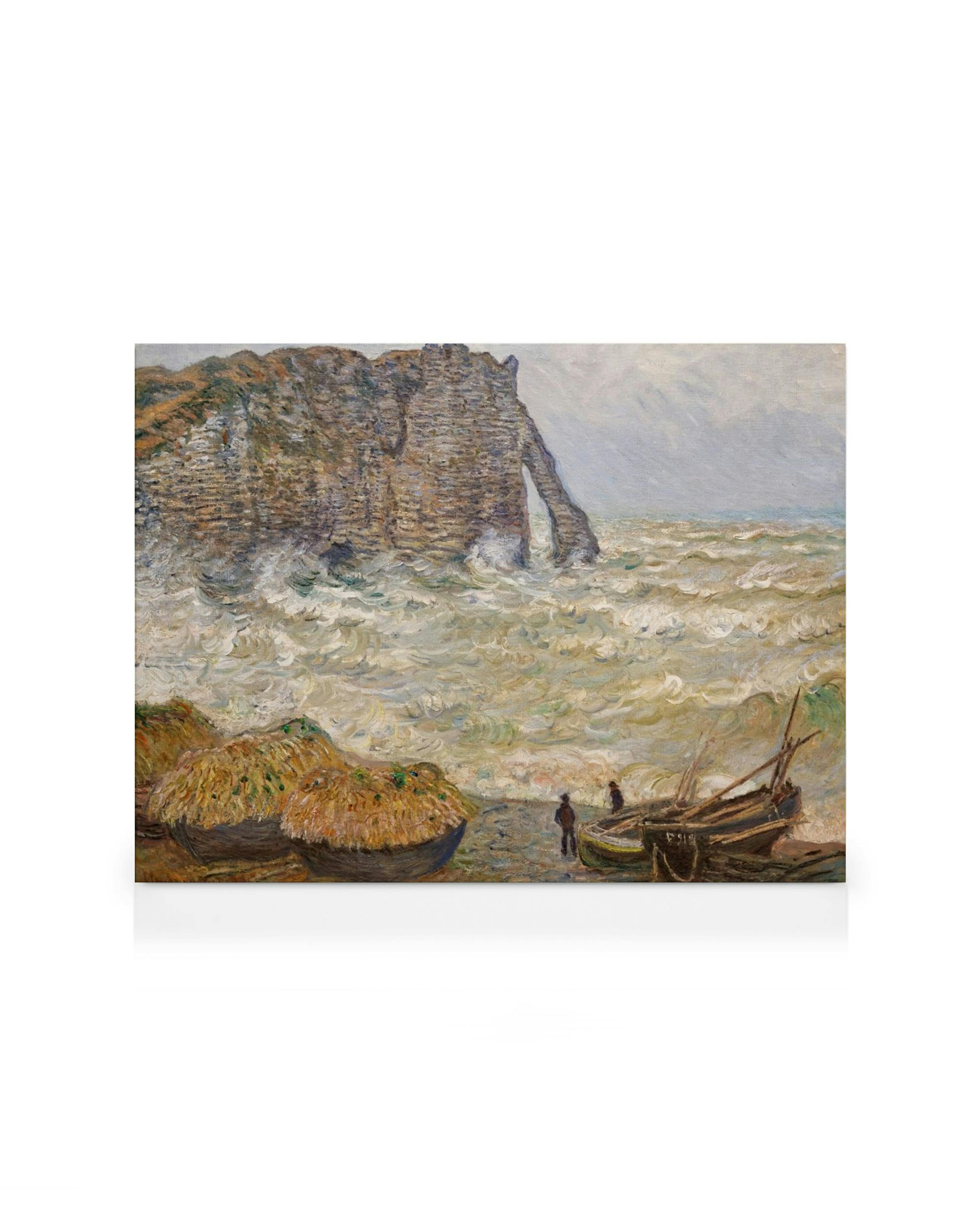 Monets Stormy Sea in Étretat canvas print, an impressionist painting of a rocky coast with crashing waves.