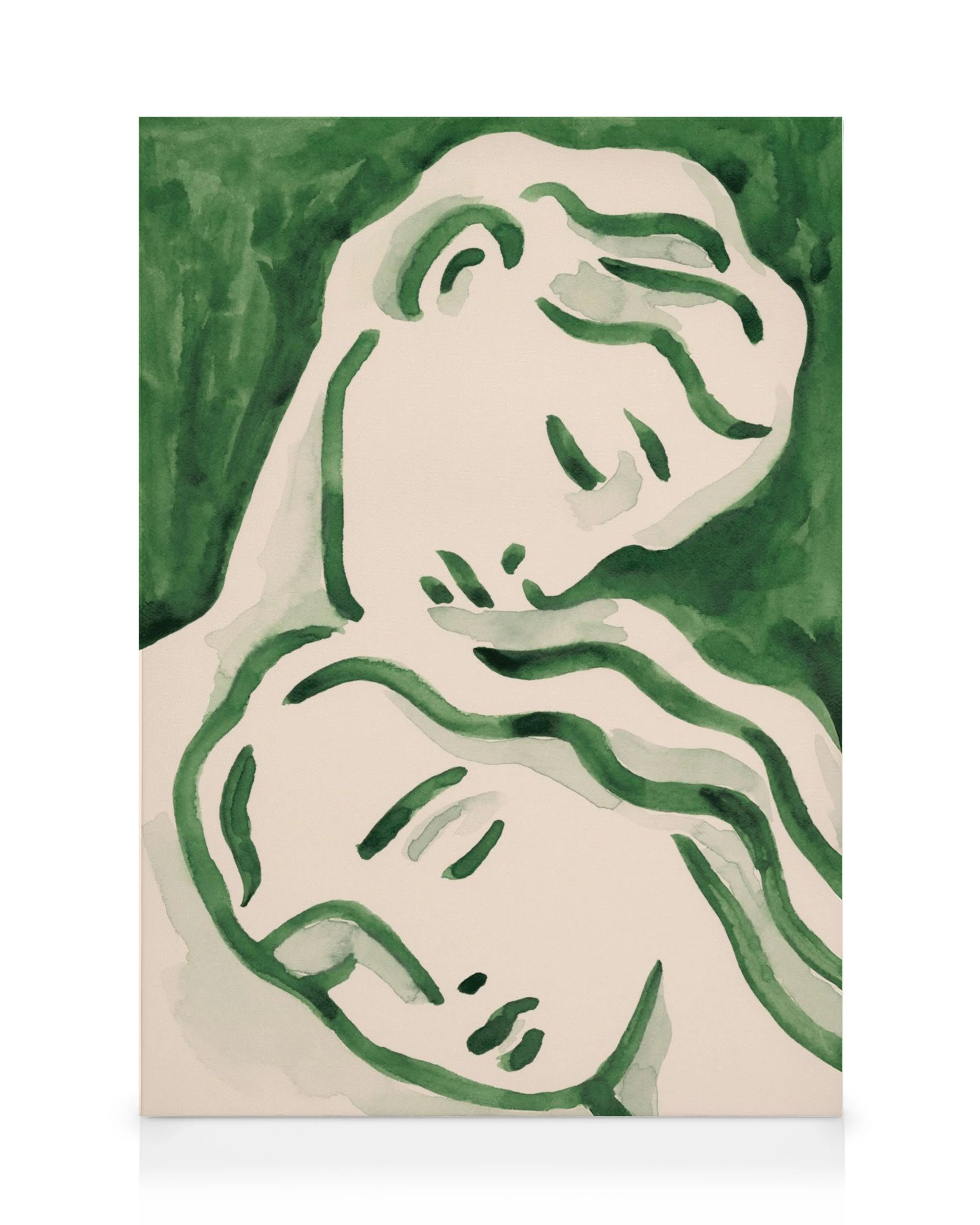 Toile représentant deux visages abstraits enlacés, aux traits verts dilués sur un fond clair, évoquant lharmonie.