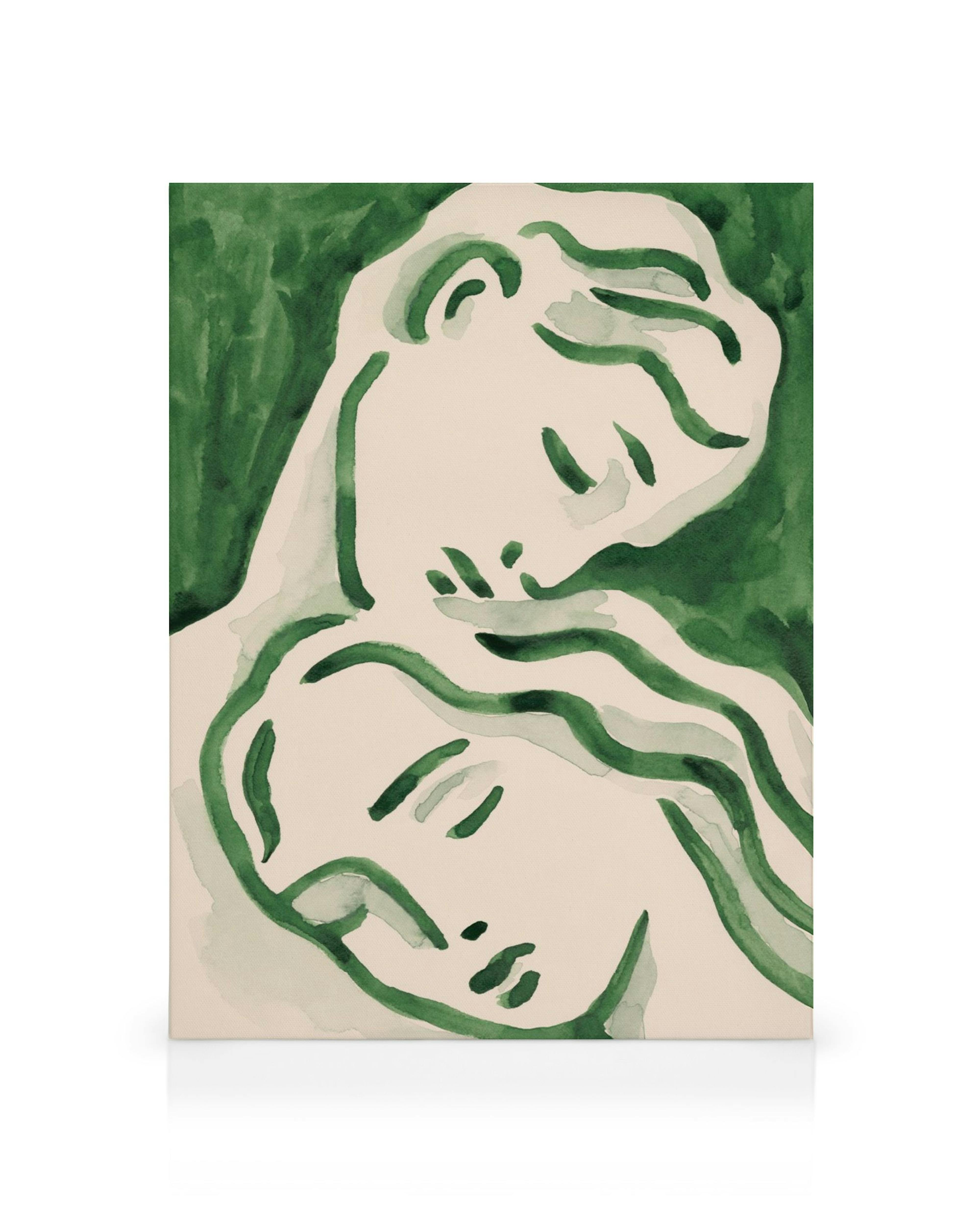 Lerretsbilde med en abstrakt illustrasjon av to ansikter tegnet med grønne linjer og grønn bakgrunn.