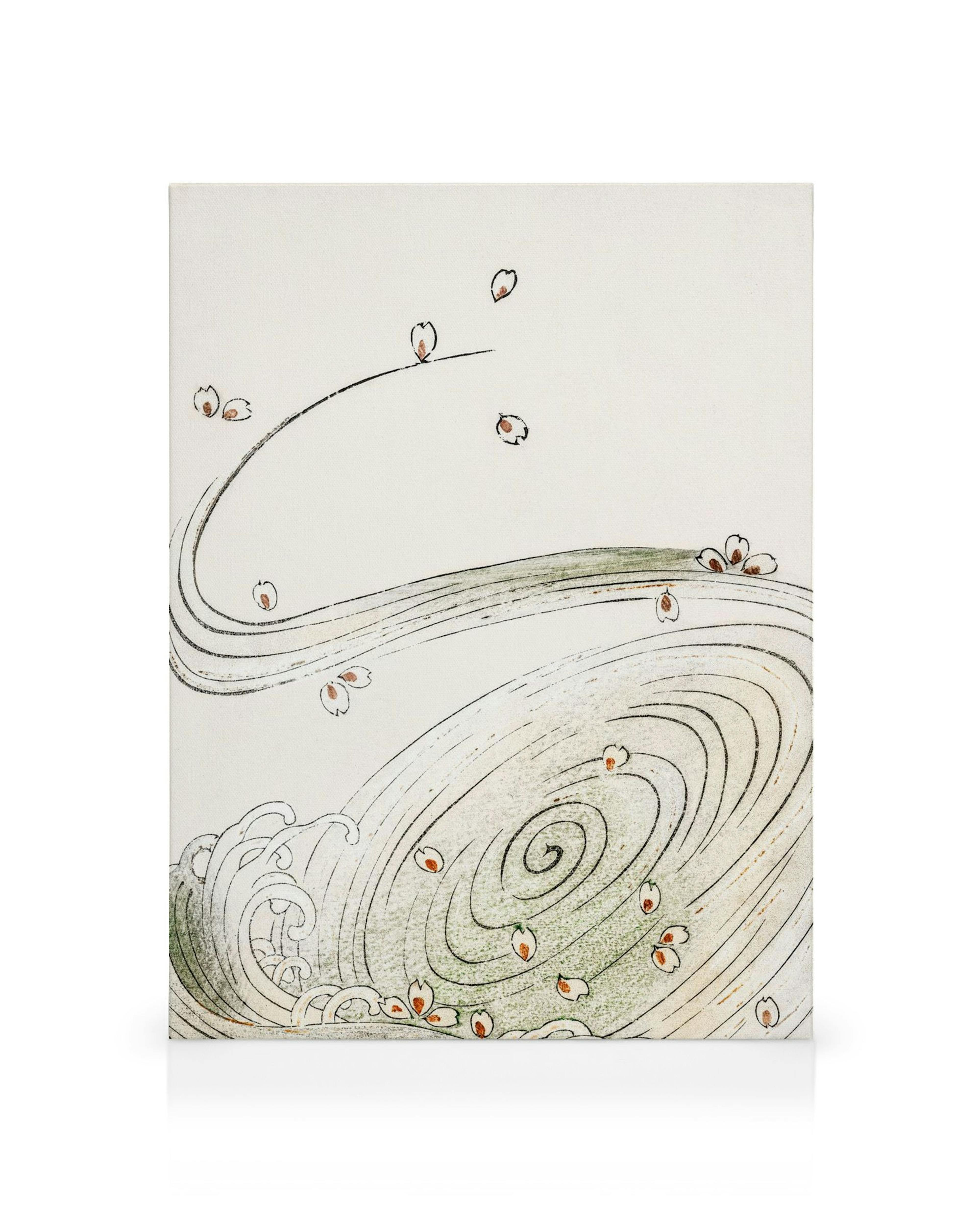 Stampa su tela giapponese: fiori blu e bianchi mossi dal vento, stile delicato di Watanabe Seitei.