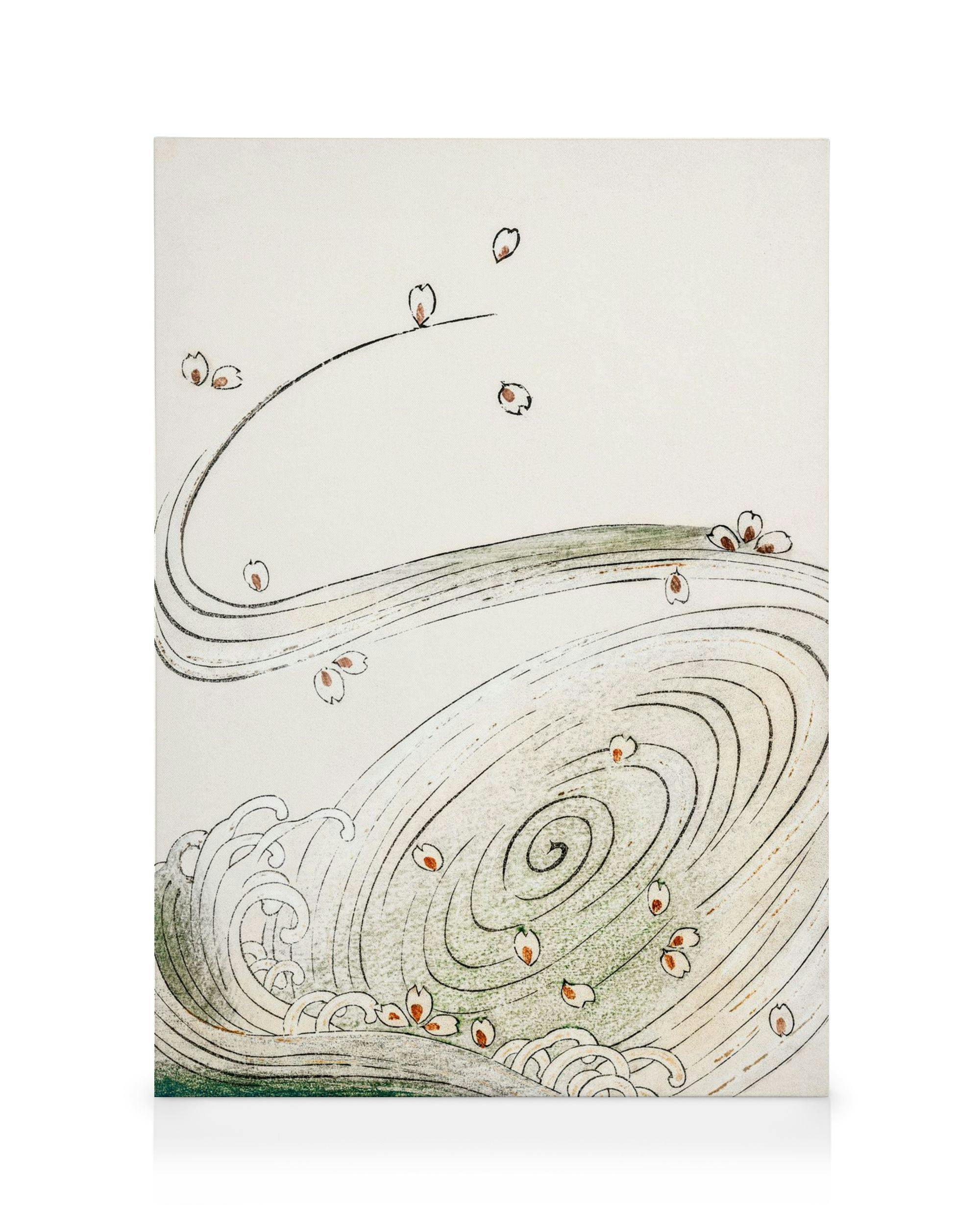 Pintura japonesa de Watanabe Seitei de flores blancas y azules movidas por el viento sobre un fondo degradado de beis a verde