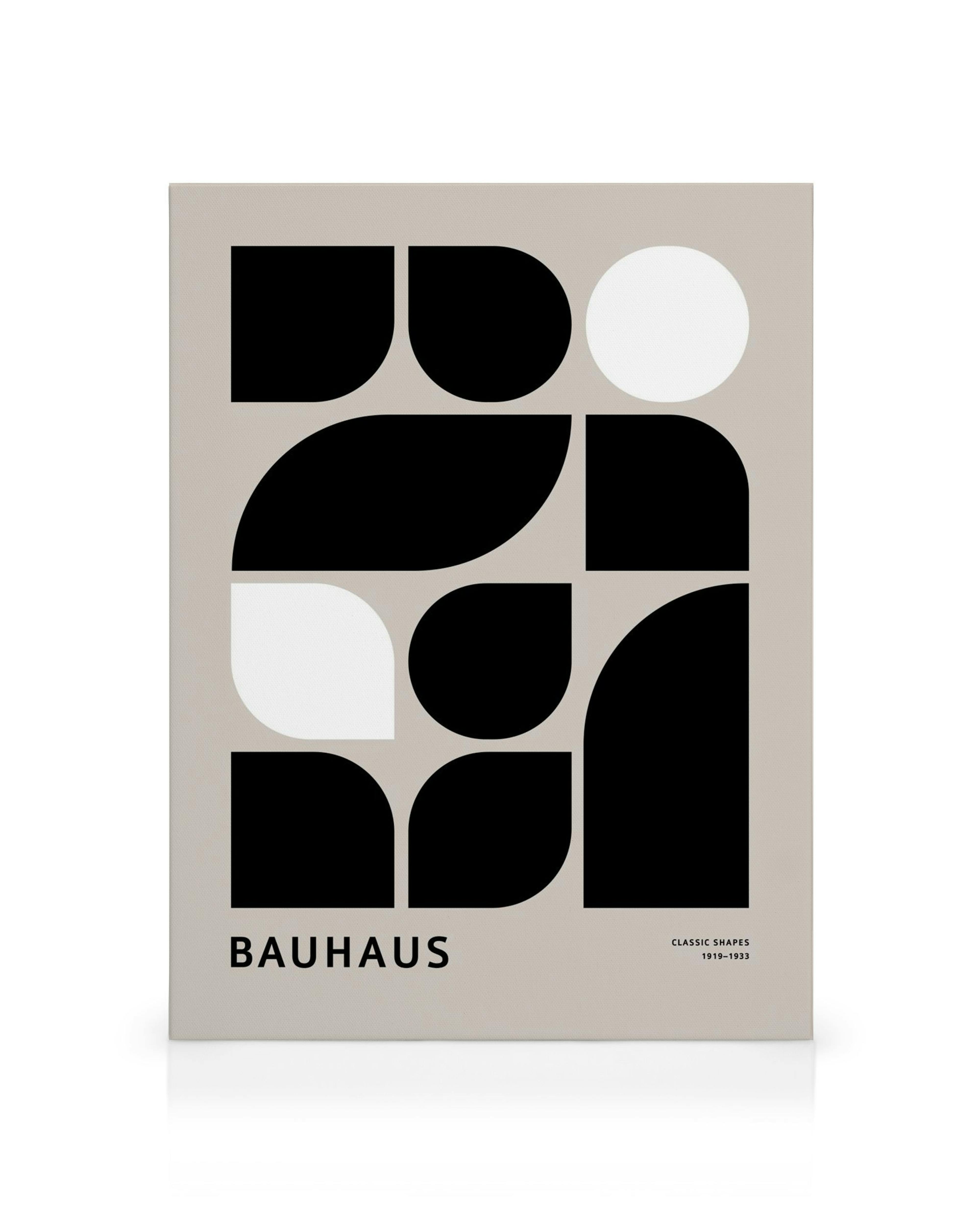 Bauhaus Classic Shapes canvas print, black and white geometric shapes on a light grey background, abstract art.