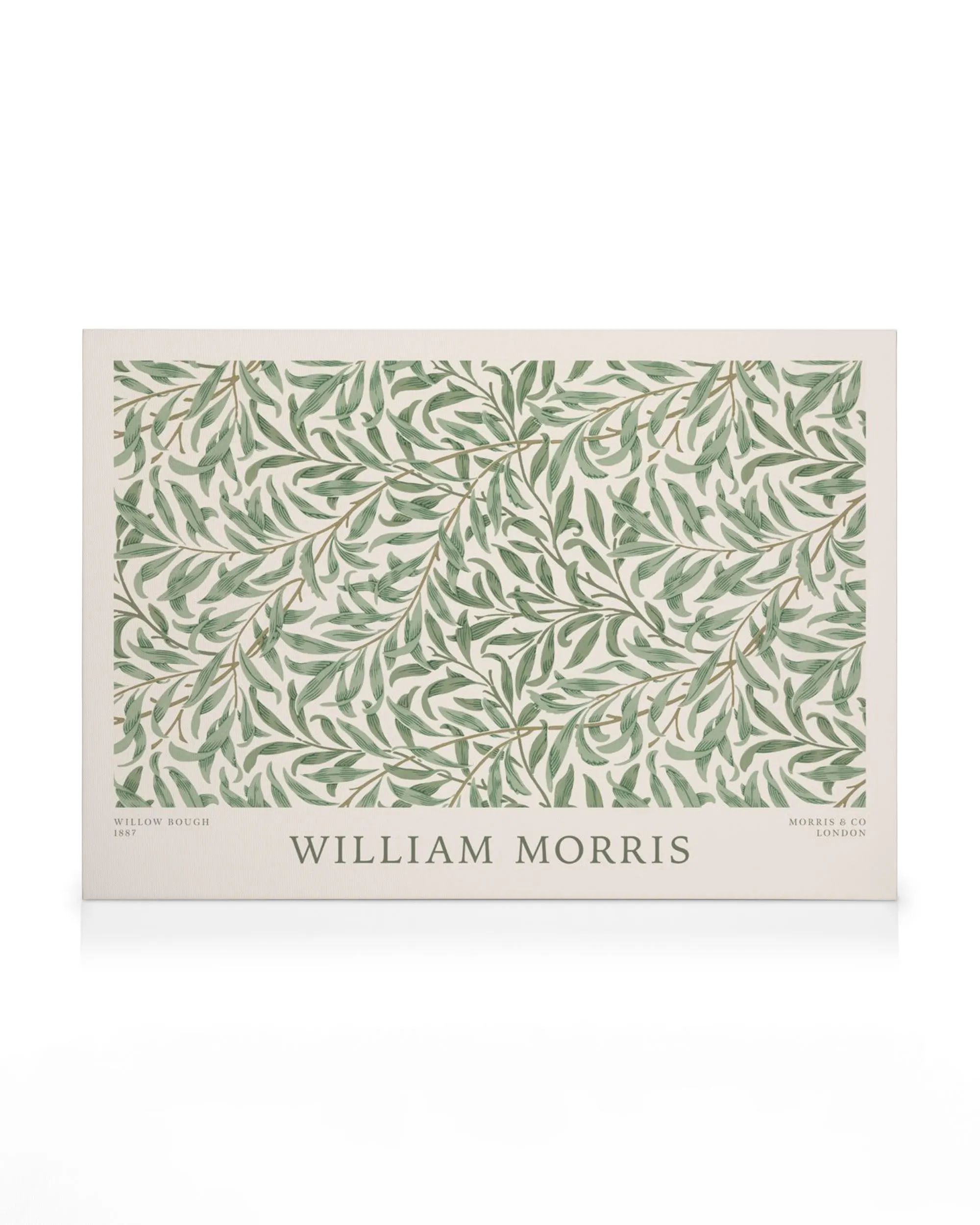 William Morris Willow Bough lærred med detaljeret traditionelt mønster af grønne pilblade og grene på en lys baggrund.