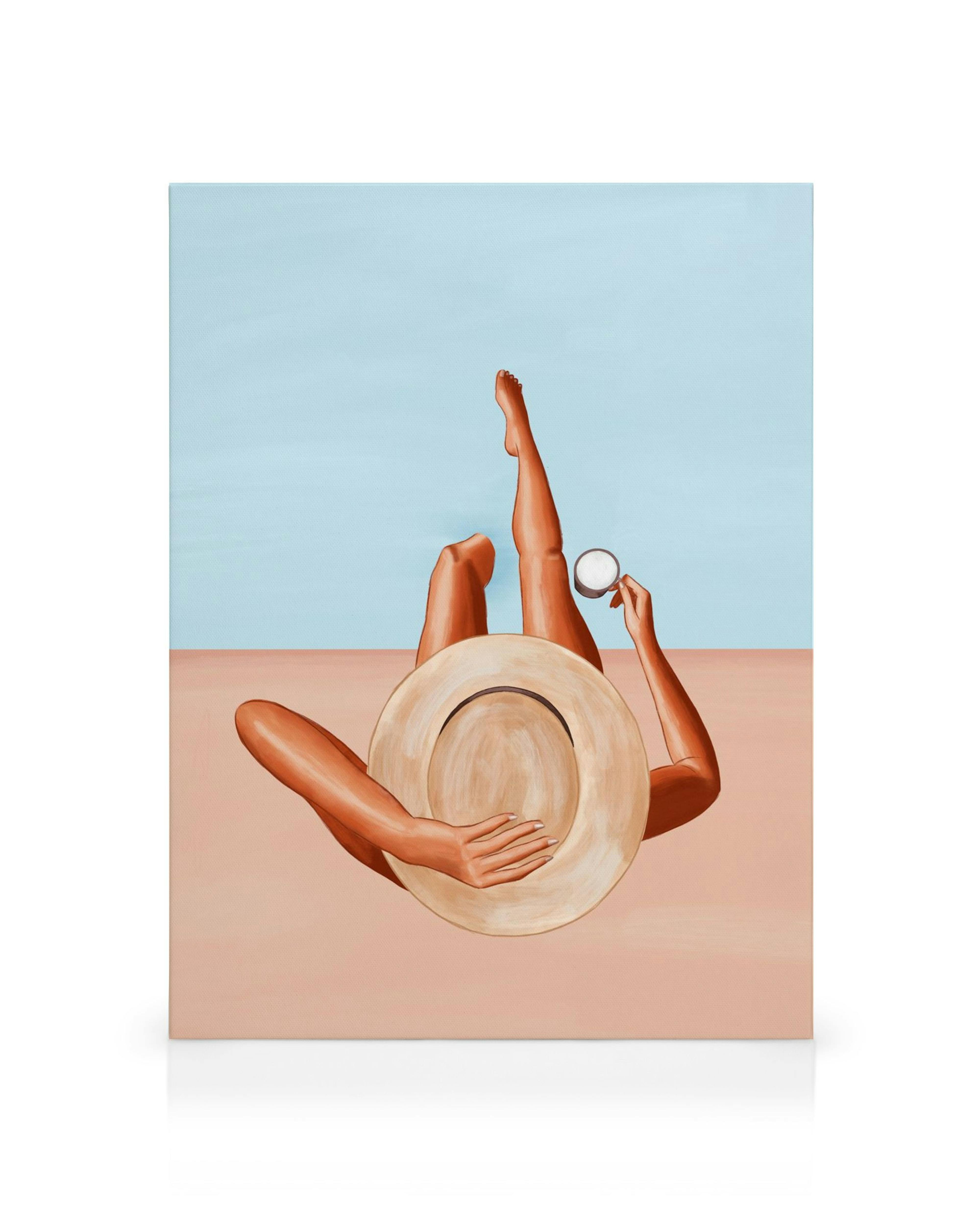 Donna stilizzata a bordo piscina con cappello e bevanda, colori blu e arancione, stampa su tela.