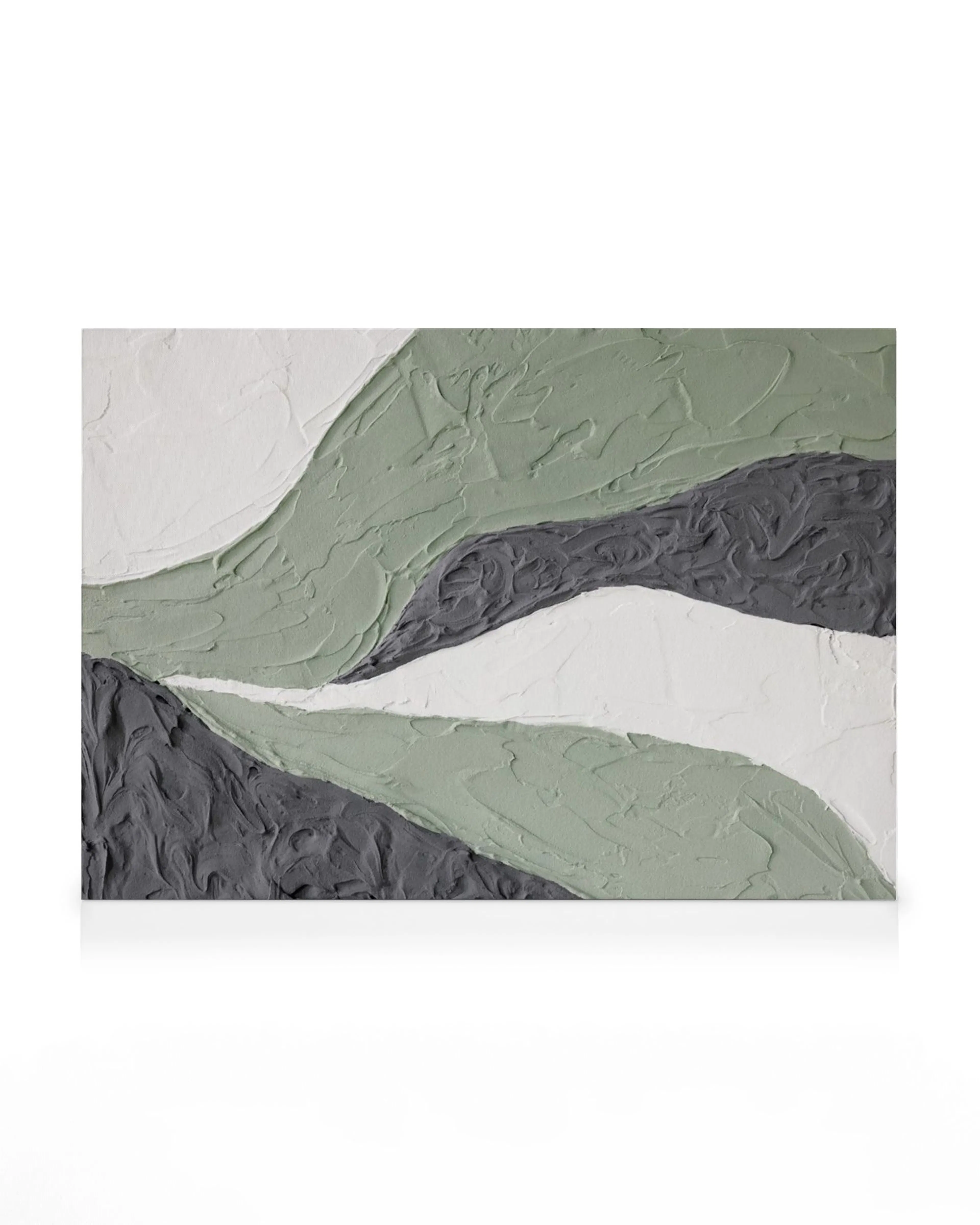 Stampa su tela paesaggio astratto verde e grigio, effetto 3D testurizzato, arte moderna dipinta a mano