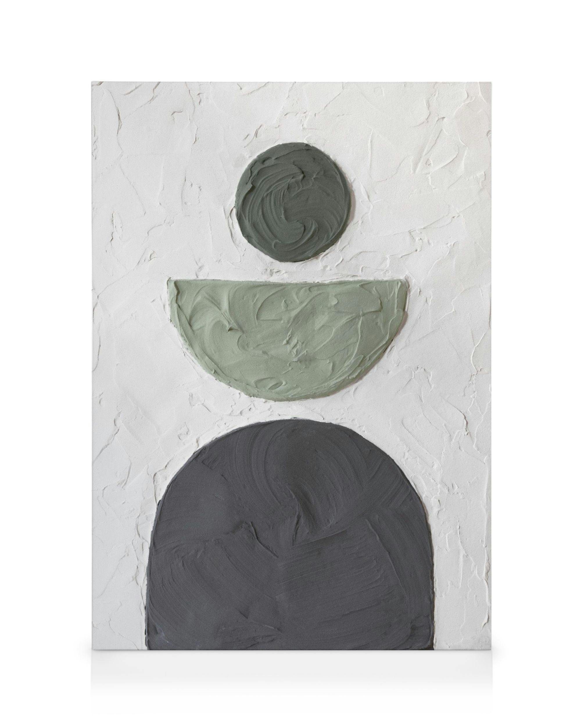 Lienzo abstracto Balance in Green con diseño tridimensional en tonos verdes y grises, pintado a mano, arte mural exclusivo.