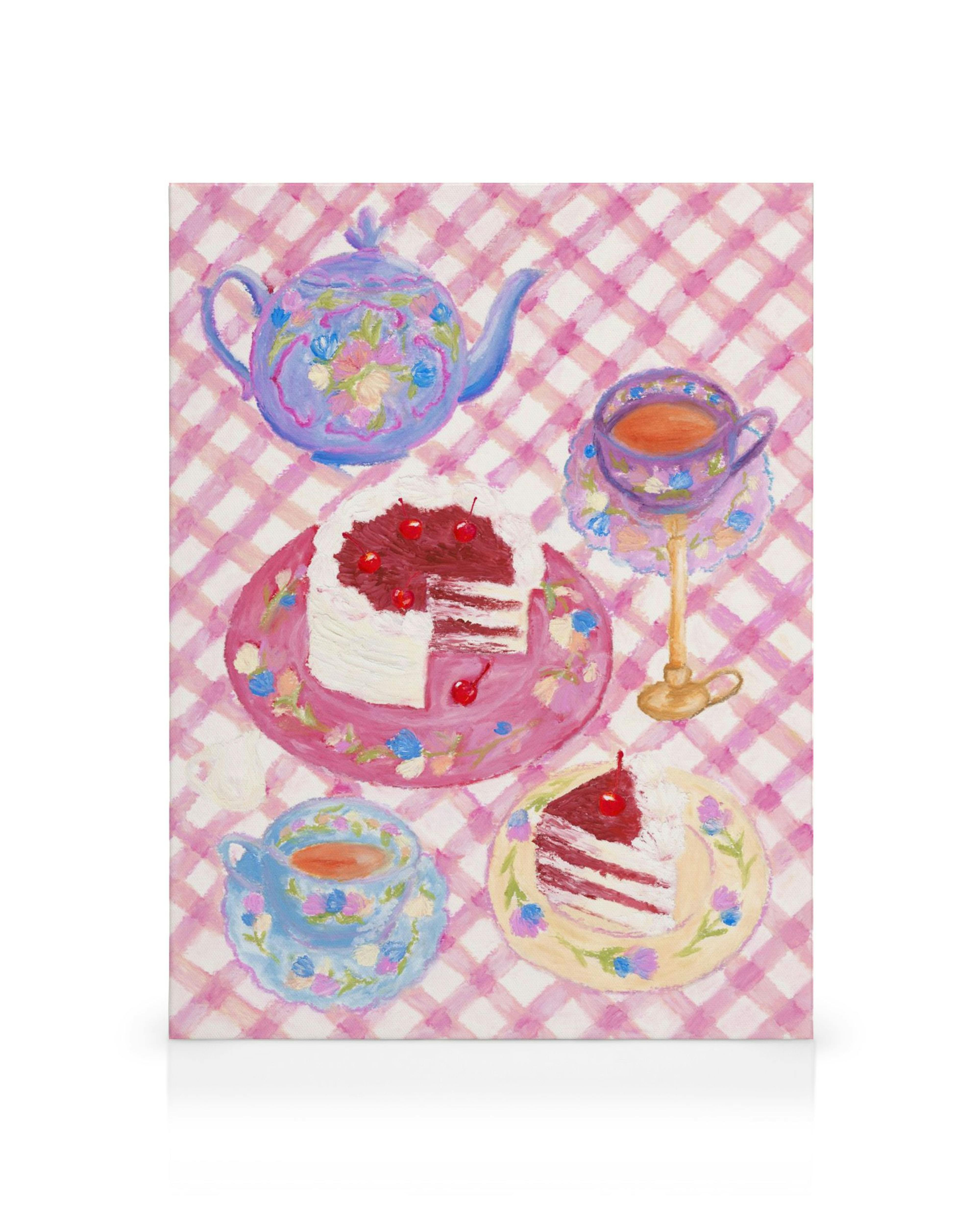 Stampa su tela di torta velluto rosso ciliegia, dessert realistico, arte da cucina dipinta a mano