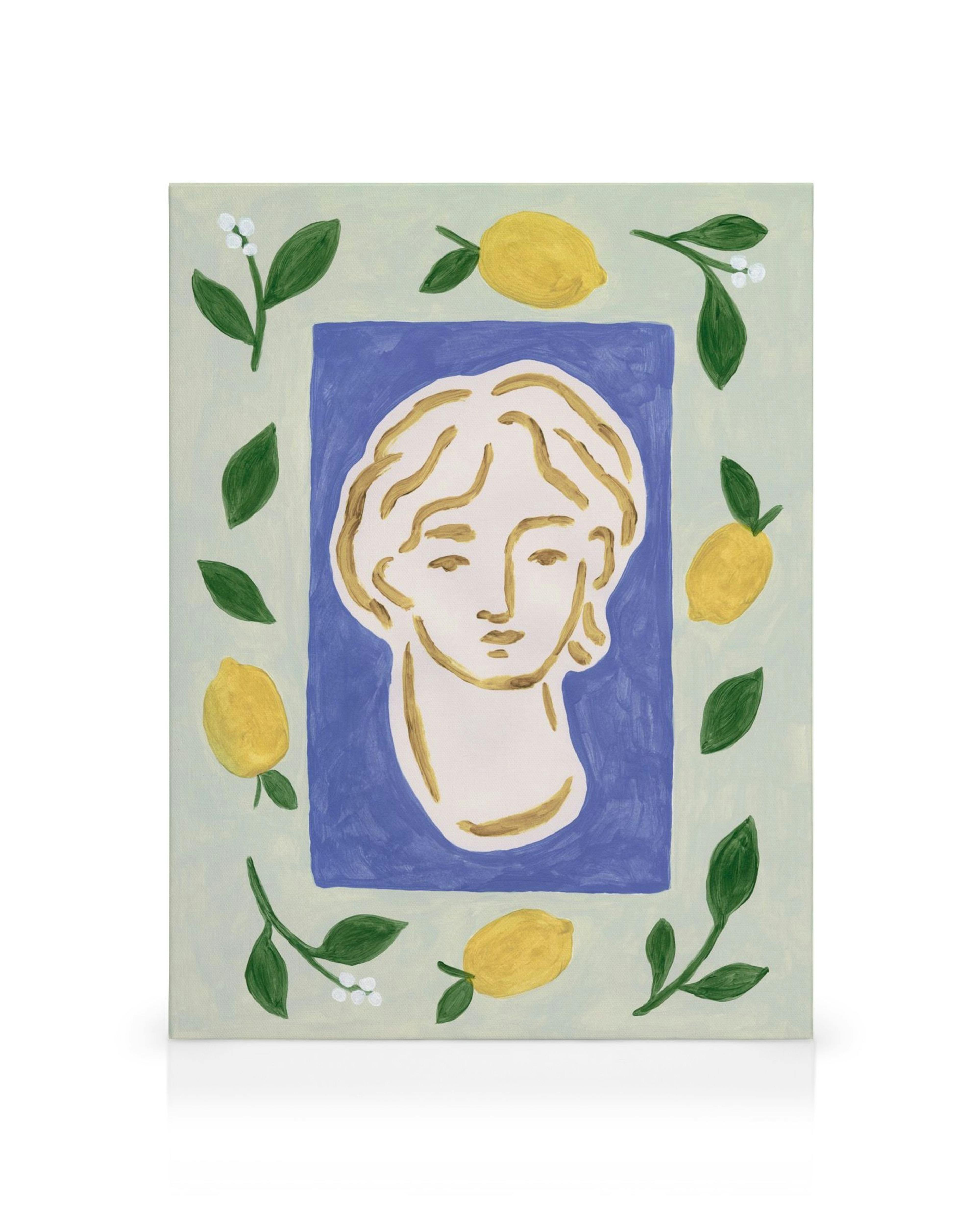 Ritratto a mano di agrumi blu e verdi su tela, arte murale botanica.