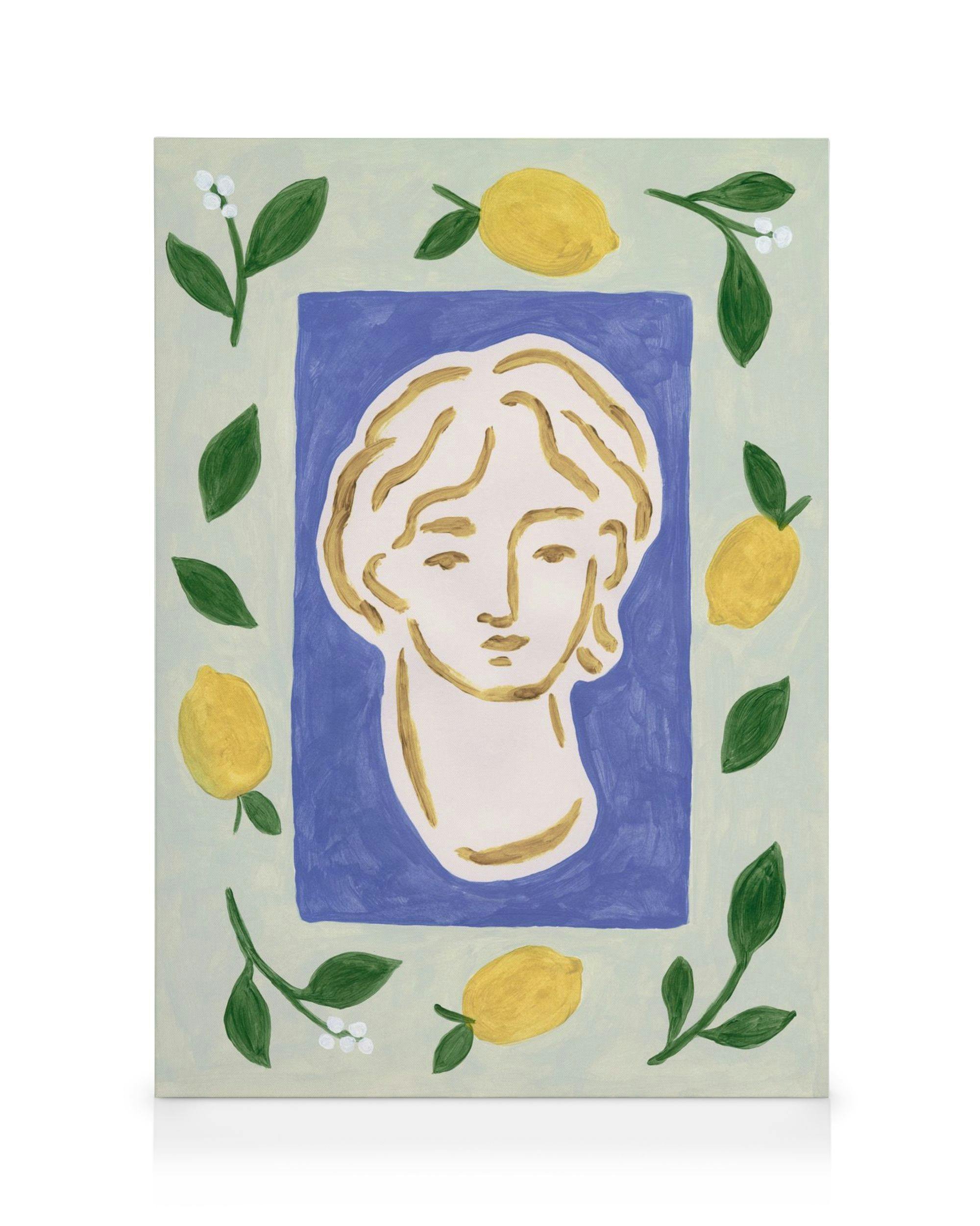 Retrato vibrante de frutas cítricas em tons de azul e verde, estilo pintado à mão, arte decorativa em tela.