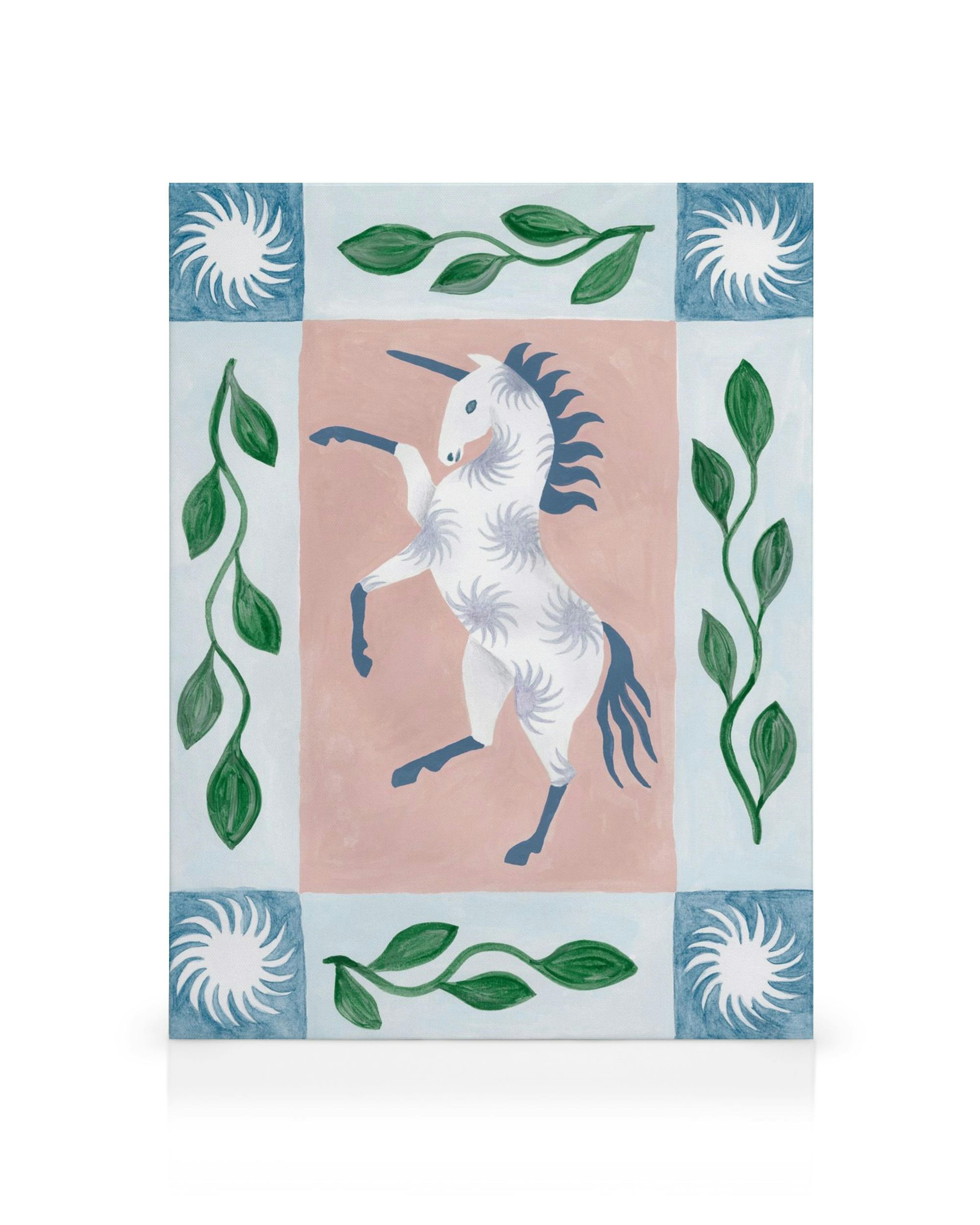 Handgemalte Einhorn-Illustration, die auf blau-rosa Hintergrund tanzt, als Leinwandbild