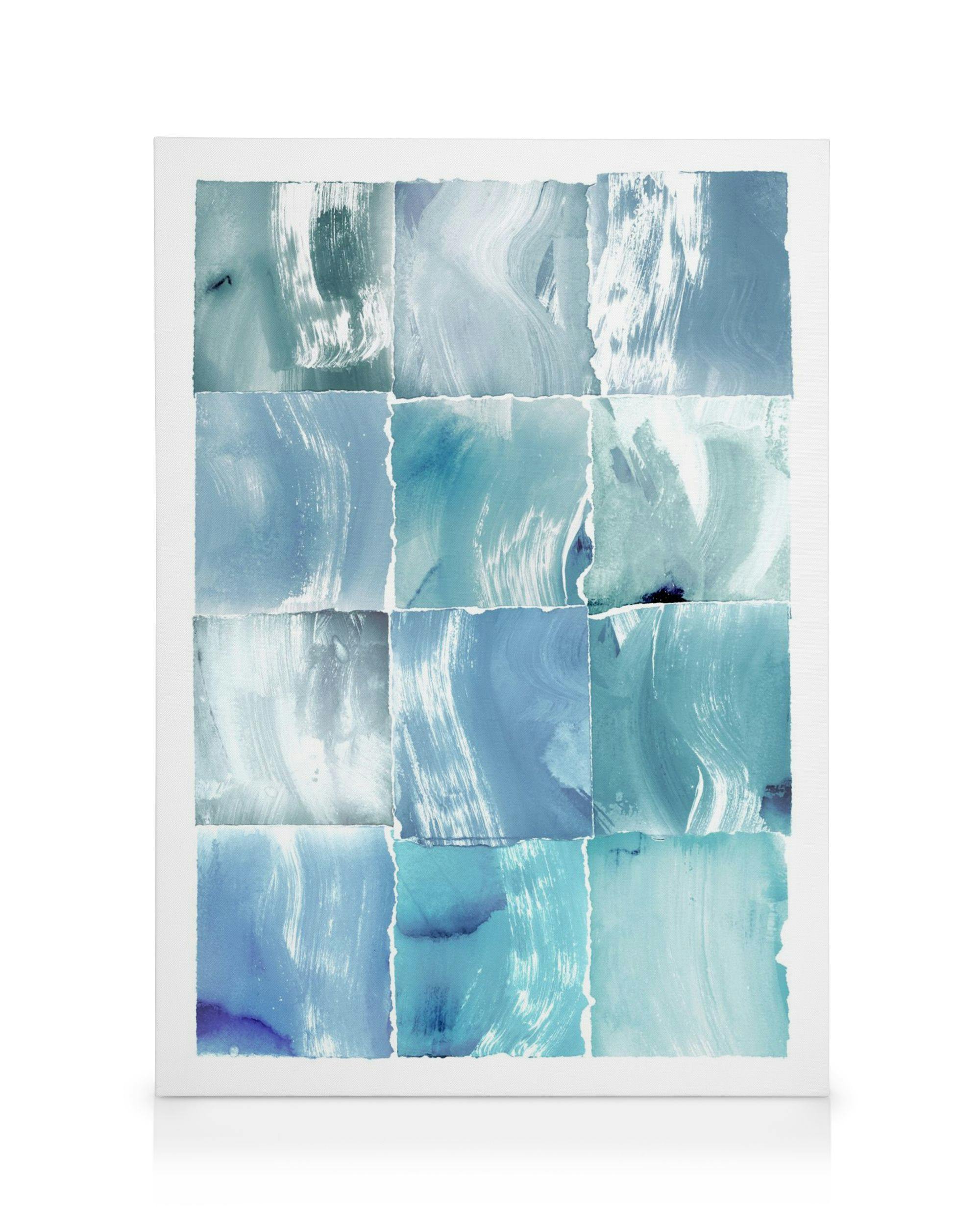 Aquarel lærred med 12 kvadrater i nuancer af blå og grøn, med hvide penselstrøg og revne kanter.