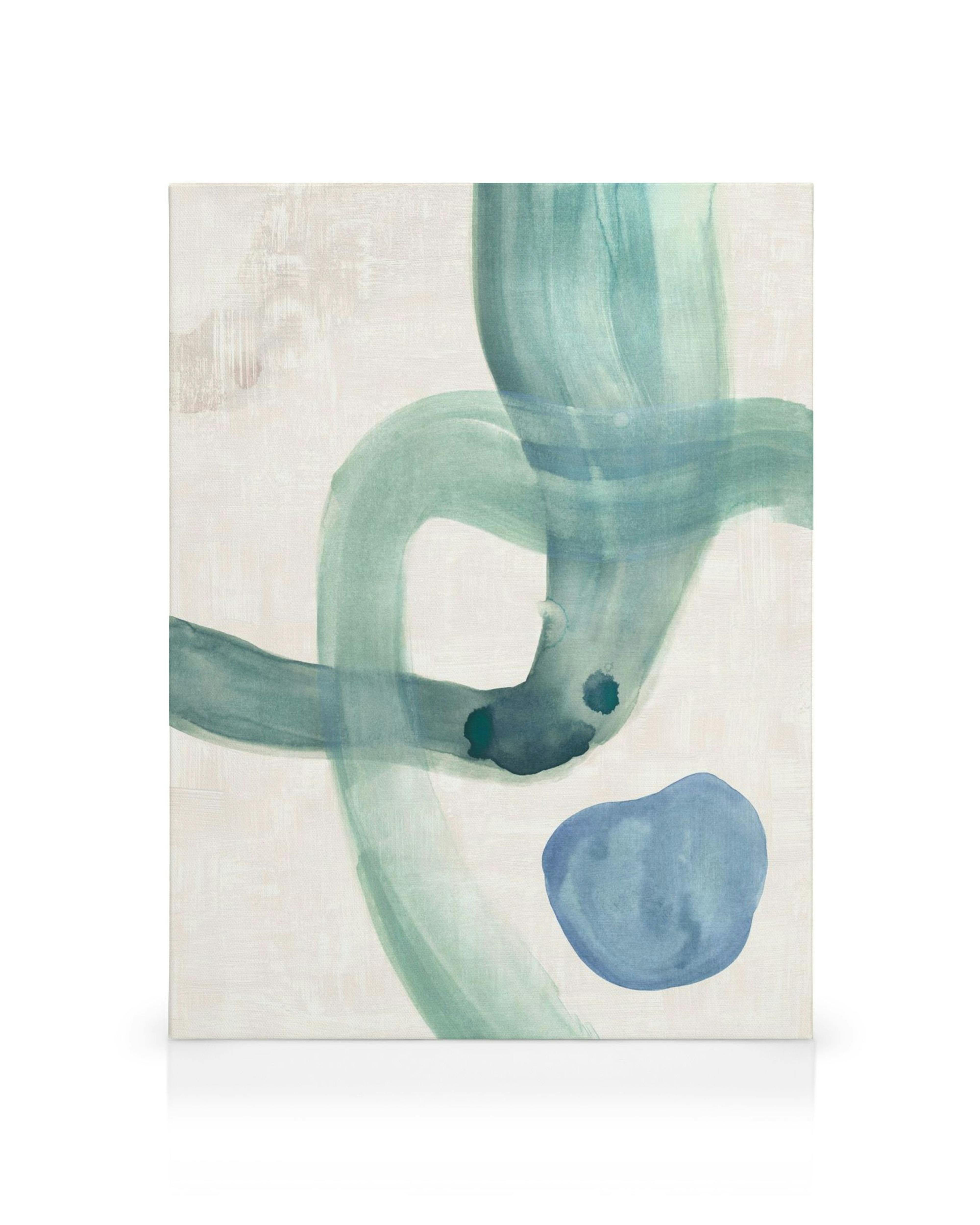 Vodní tvary, obraz na plátně s abstraktními modrozelenými tahy štětcem a skvrnami na krémovém pozadí.