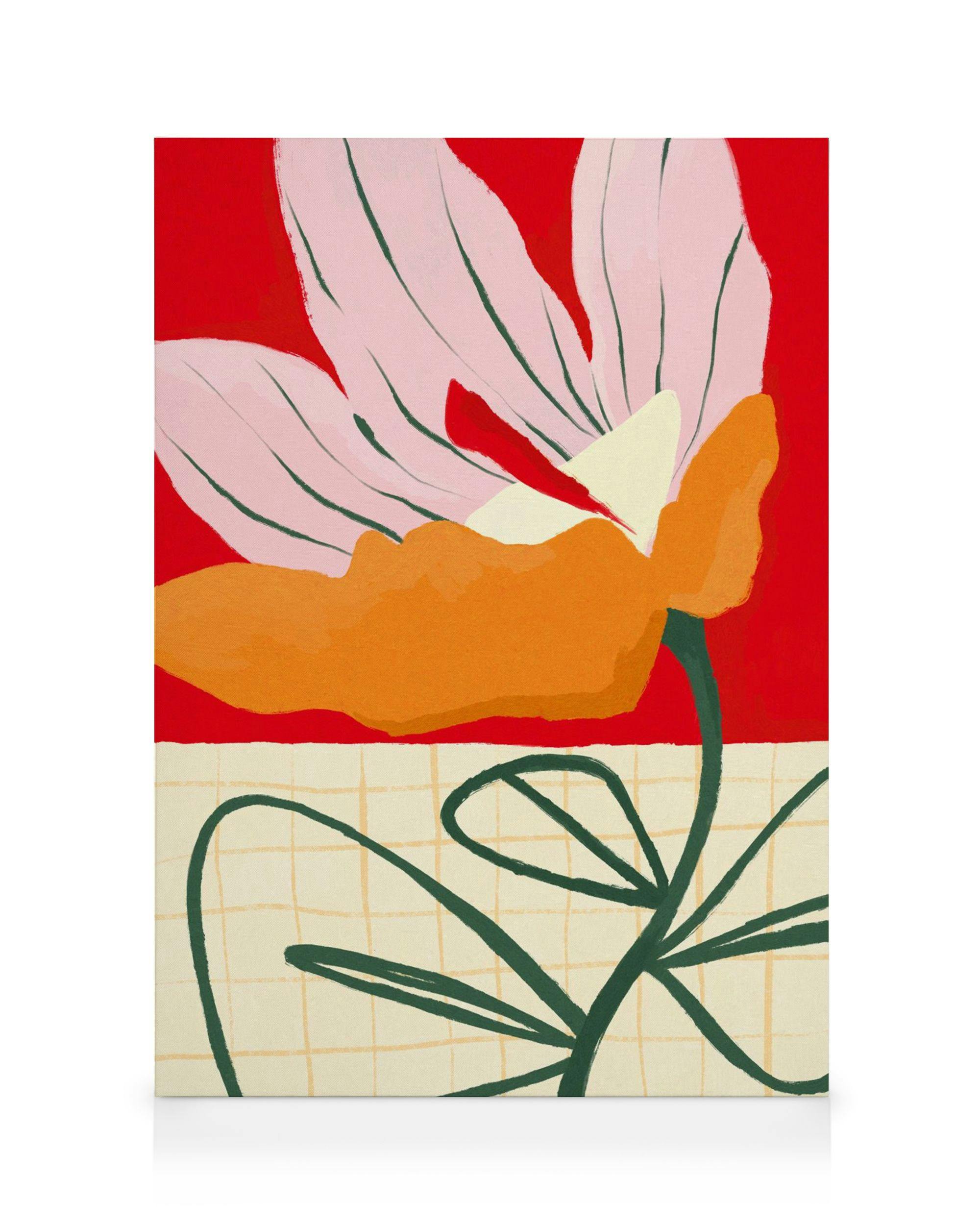 Dekoratives Leinwandbild einer stilisierten orangefarbenen Blume mit rosa Blütenblättern auf rotem und beigem Hintergrund mit Gi