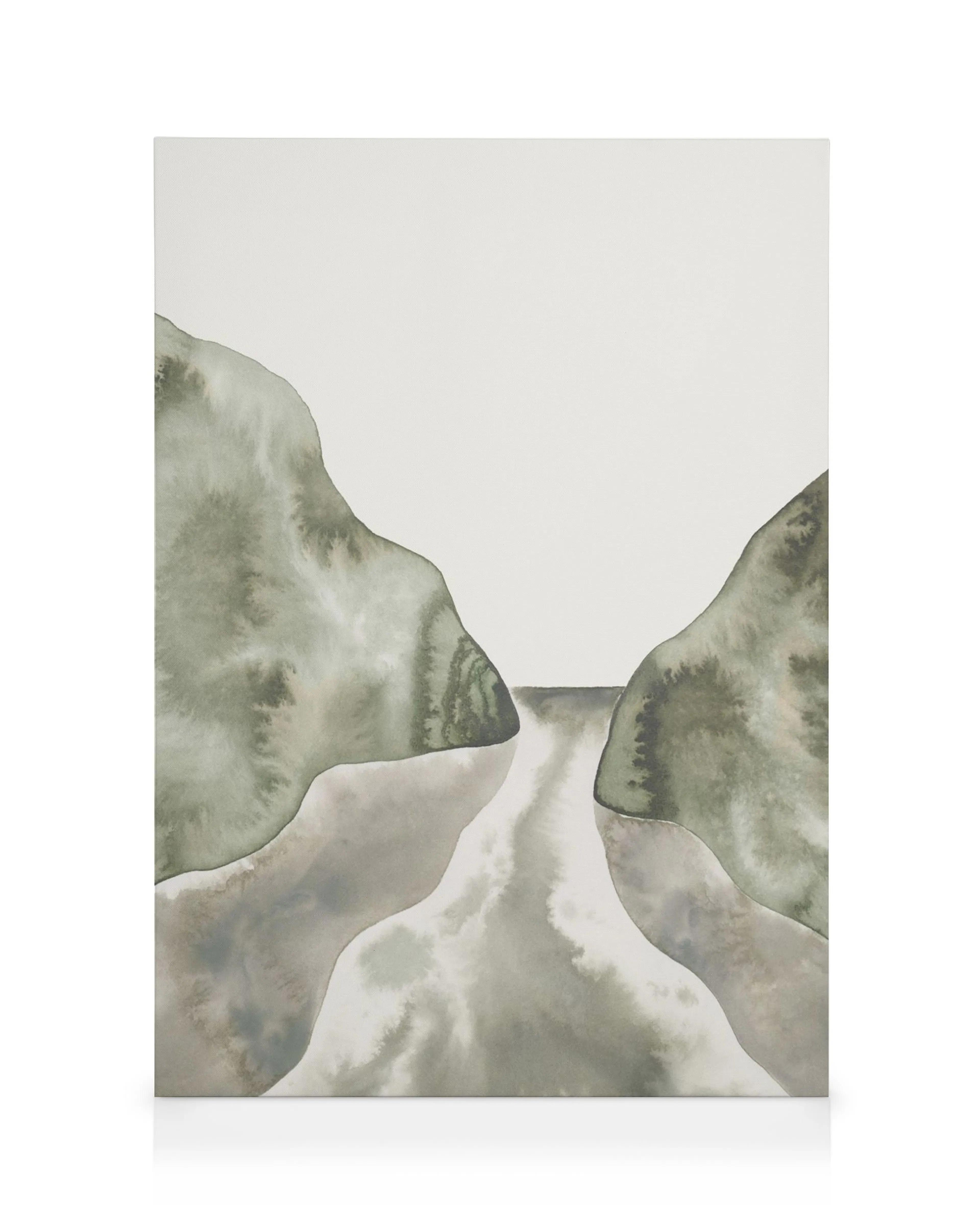 Aquarell-Leinwandbild mit abstraktem Fluss zwischen grünen Bergen, friedliche, natürliche Landschaft.