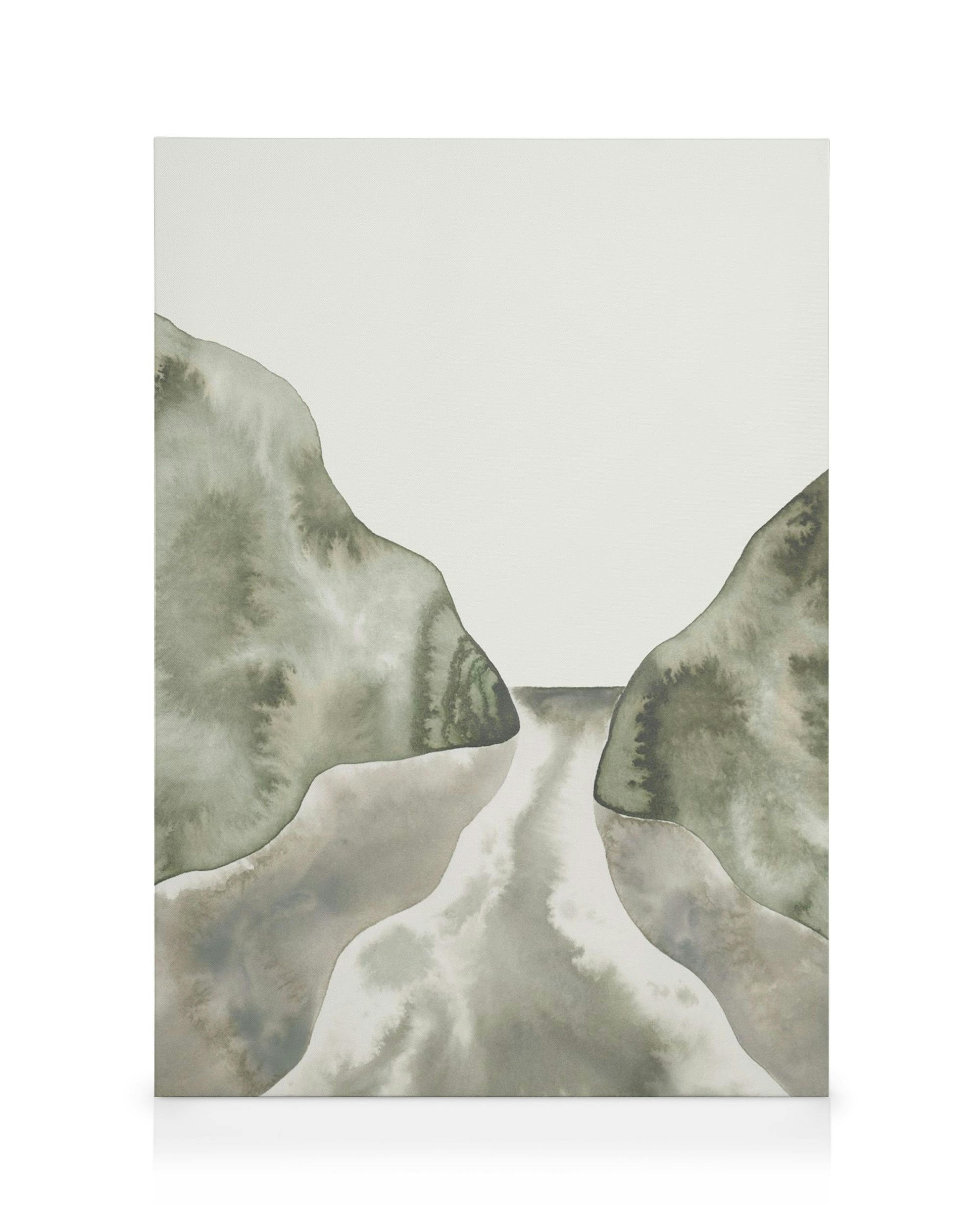 Ειρηνικό τοπίο με βουνά και ποτάμι, ακουαρέλα σε γήινους τόνους, καμβάς τοπίου