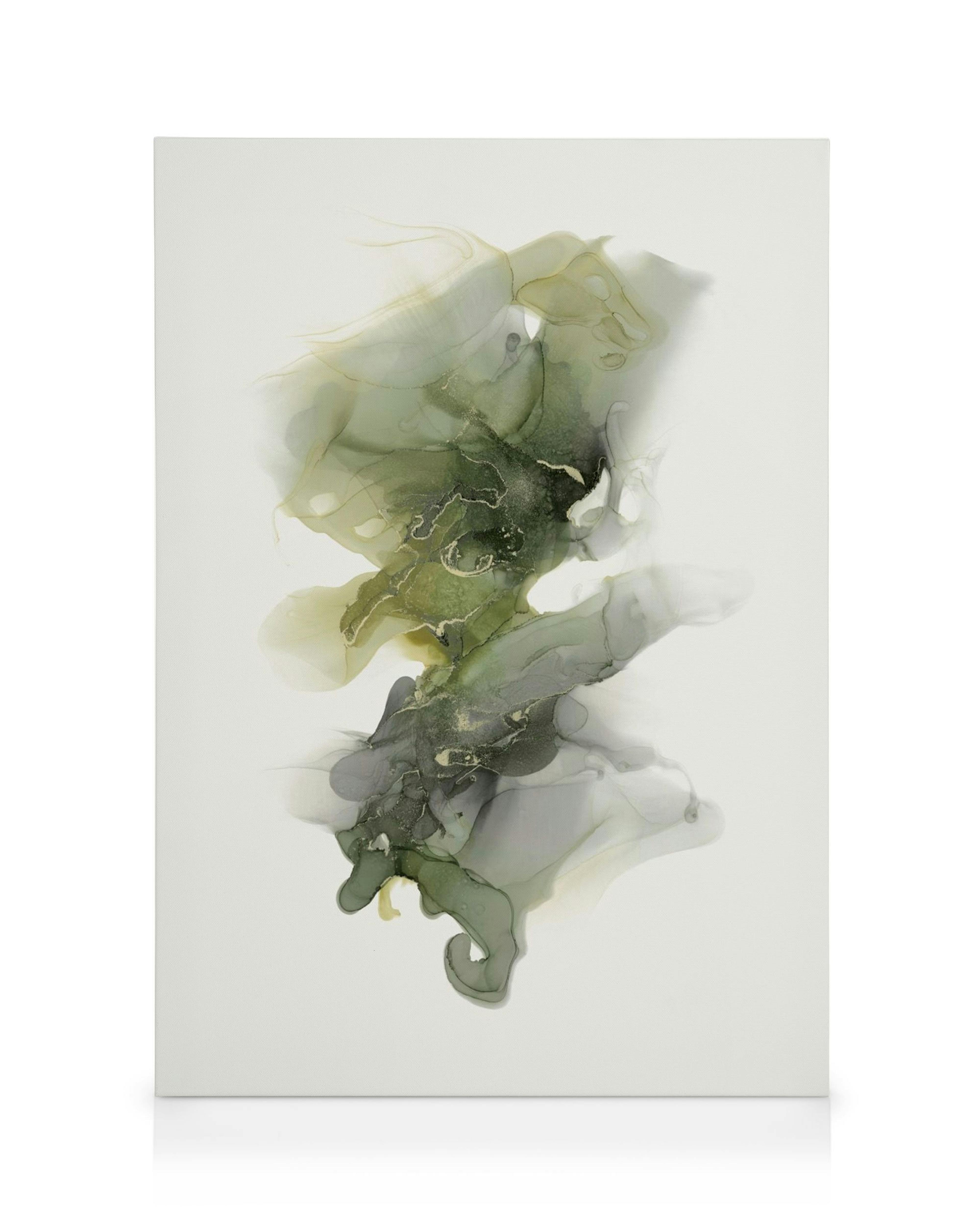 Diepdruk canvas met abstracte alcoholinkt vormen in groen, geel en grijs op een witte achtergrond.