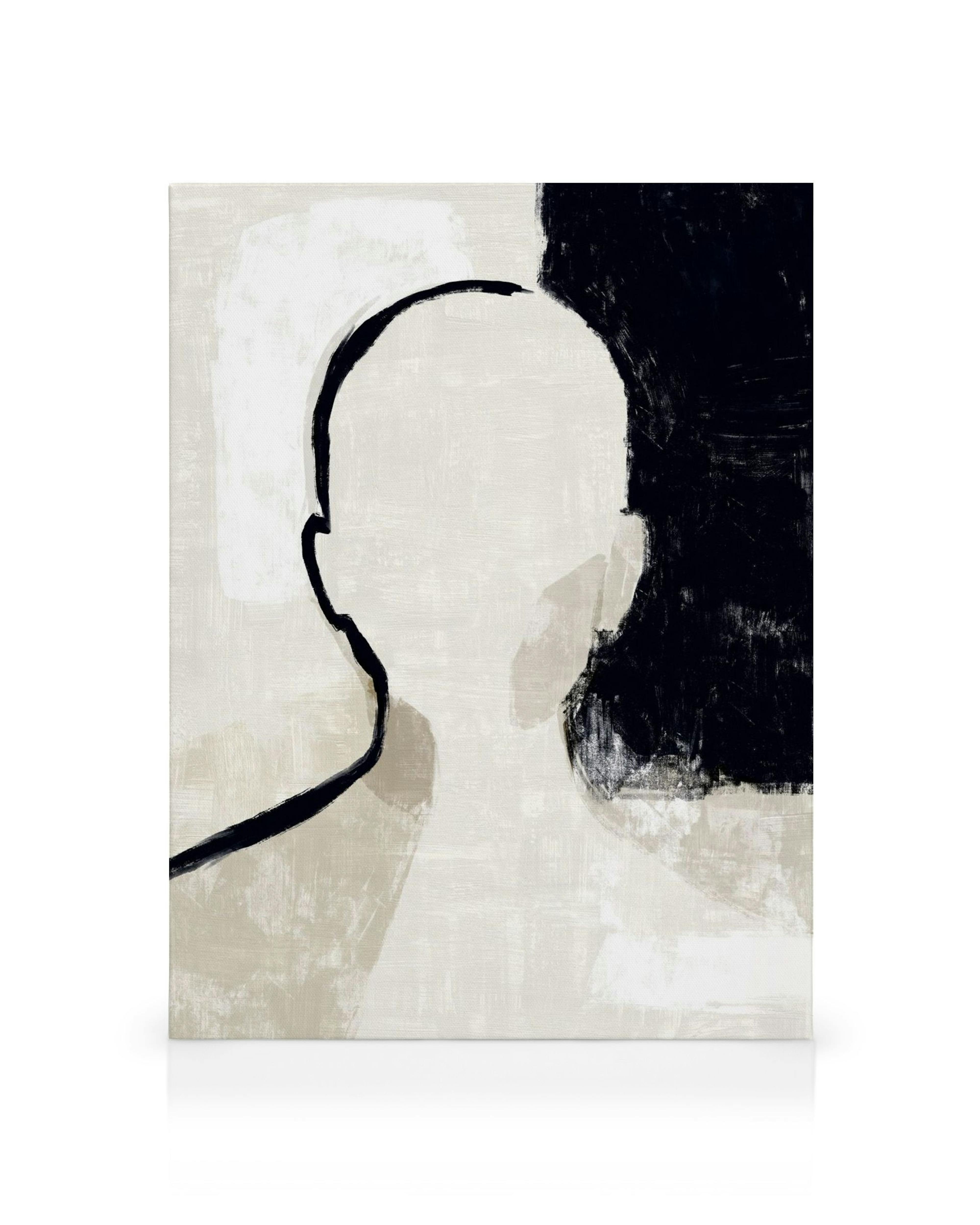 Zwart-wit silhouet van een vaas en gezicht op een beige achtergrond, geschilderd op canvas.