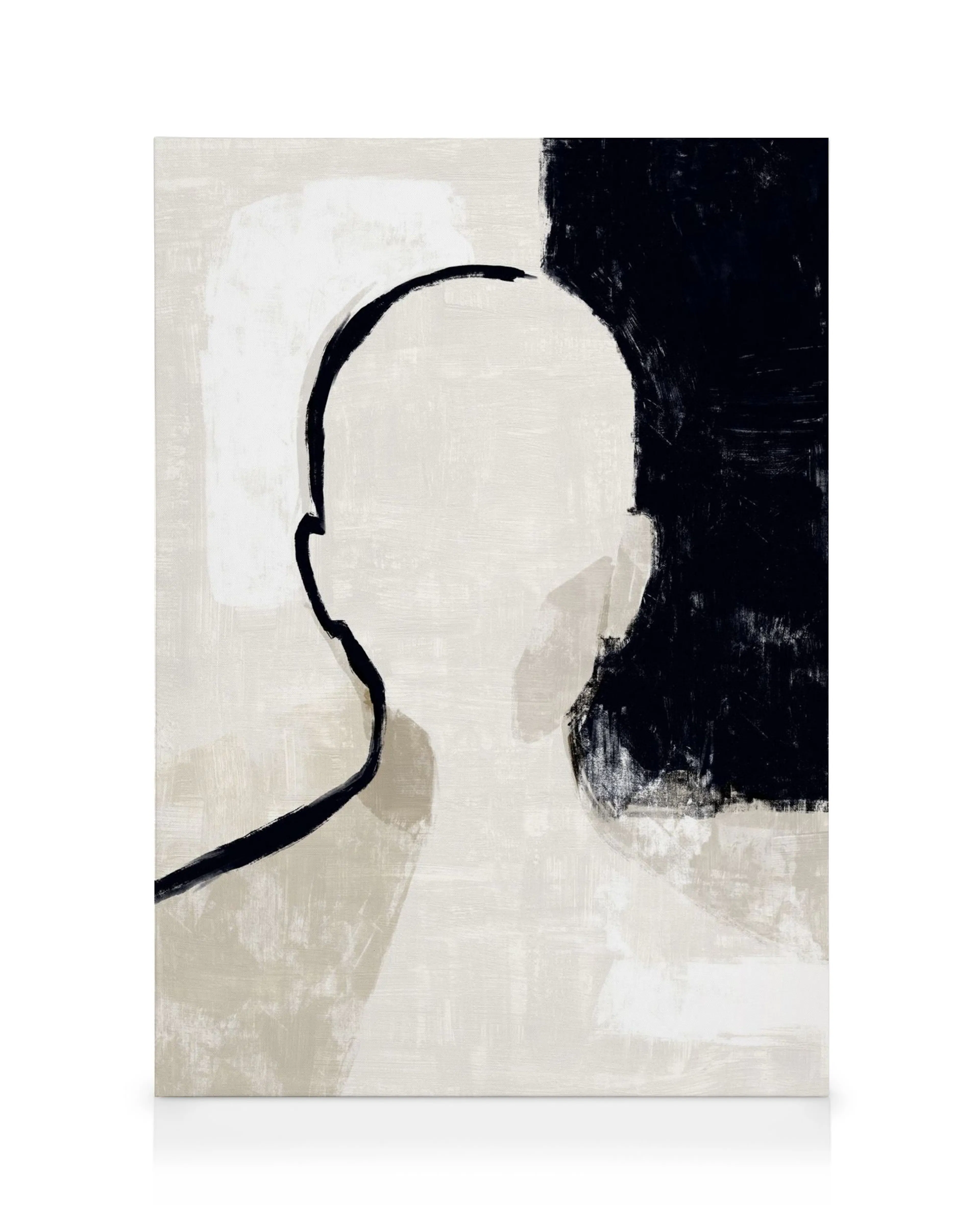 Toile abstraite noir et blanc avec silhouette mystérieuse et forme de vase, sur fond beige texturé. Typographie moderne.
