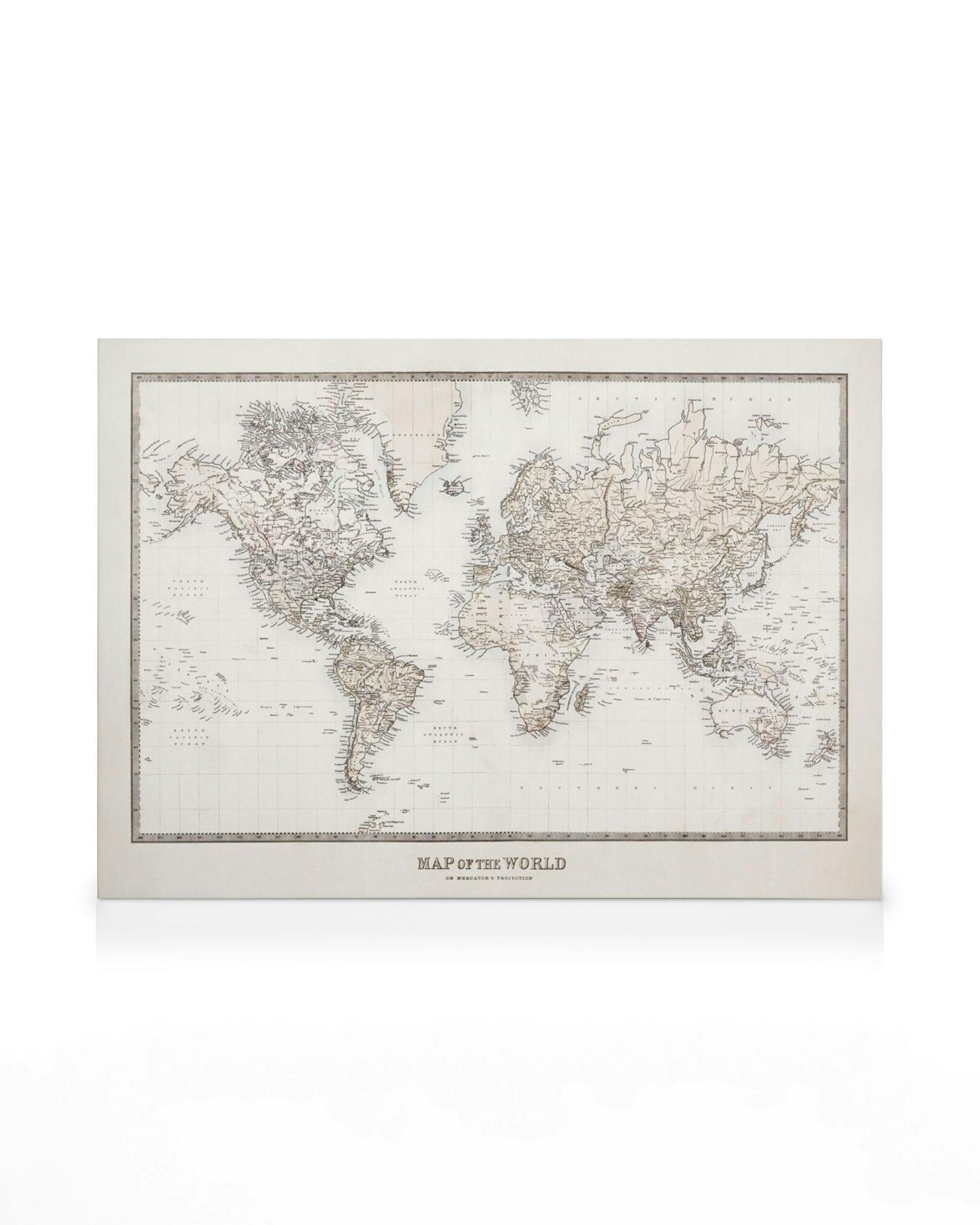 Toile de carte du monde vintage, ton sépia, avec continents et océans étiquetés. Typographie détaillée.