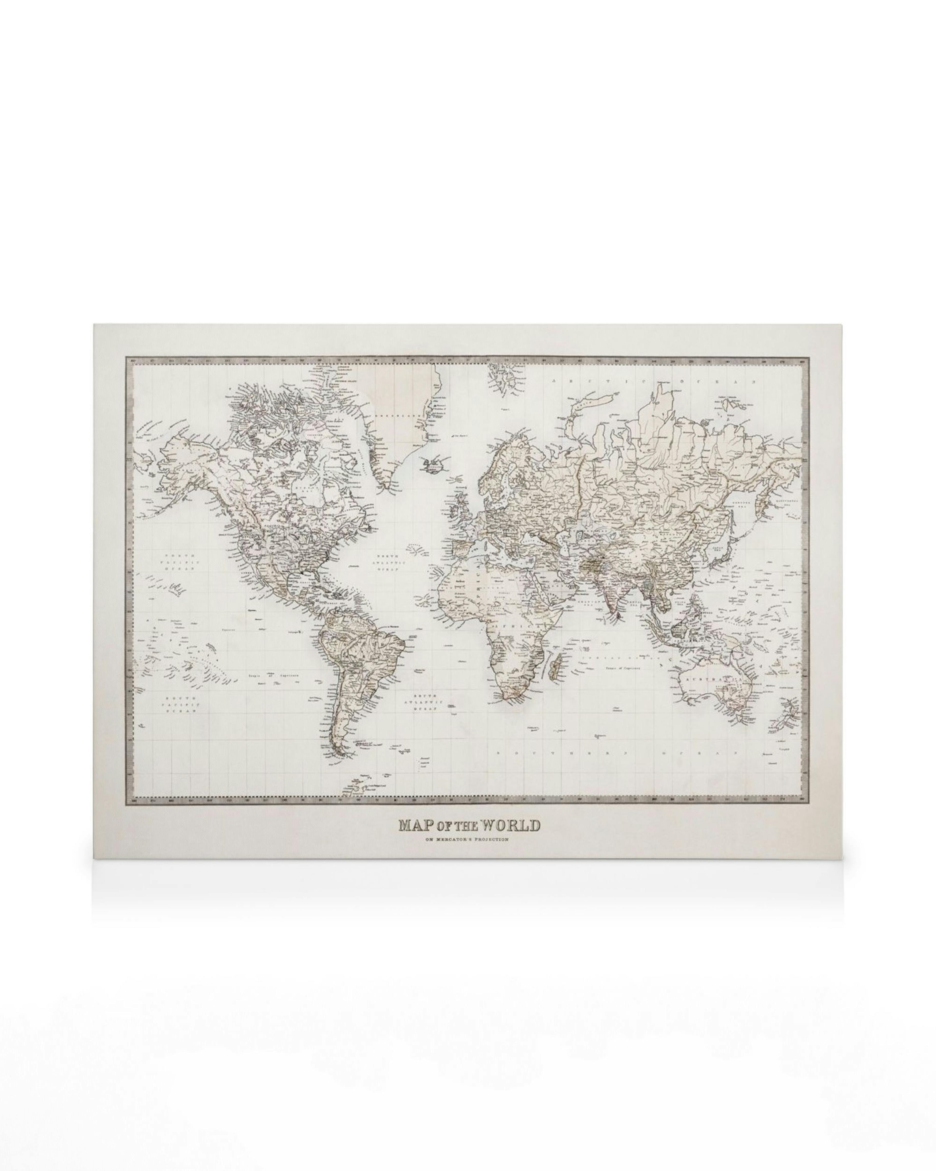 Toile de carte du monde vintage, ton sépia, avec continents et océans étiquetés. Typographie détaillée.