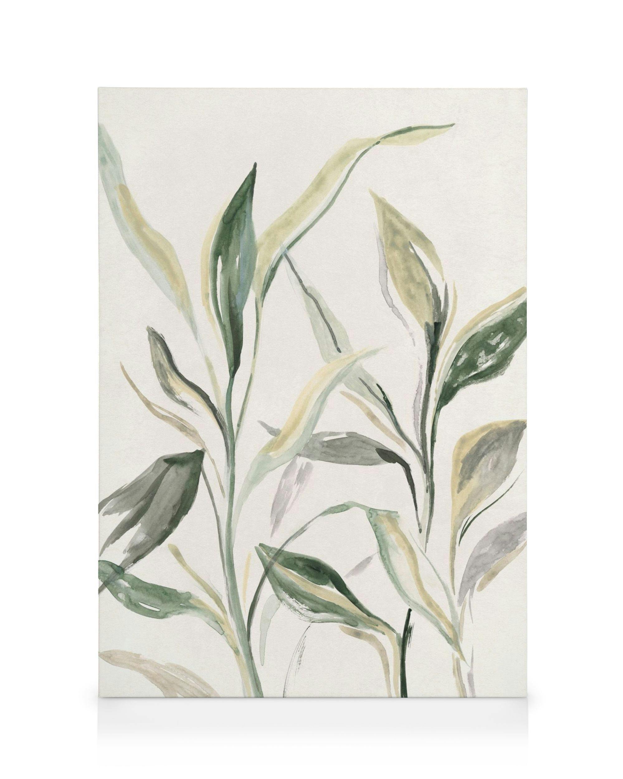 Lienzo de planta en maceta pintada a mano con hojas verdes exuberantes sobre fondo claro, arte botánico.