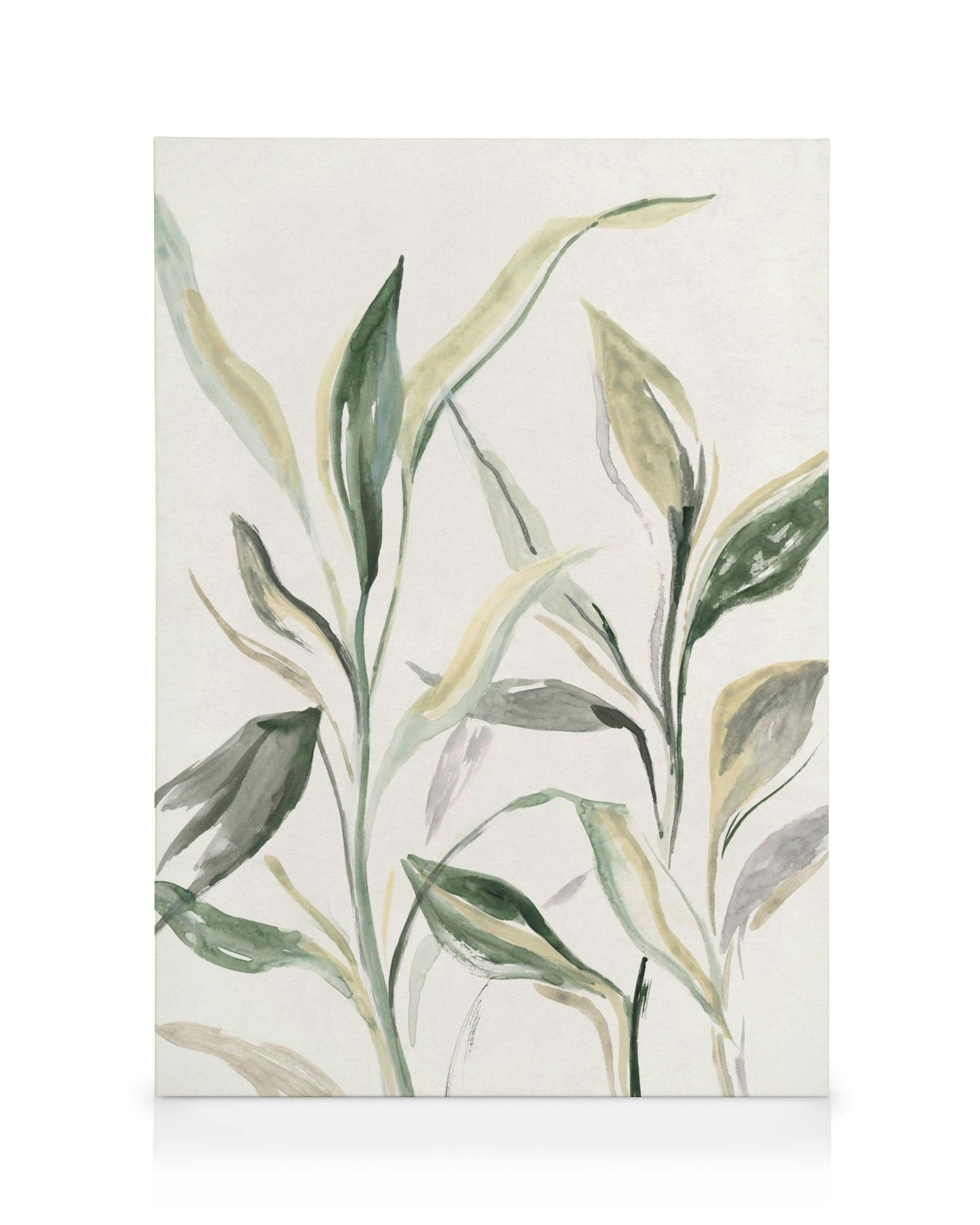 Lienzo de planta en maceta pintada a mano con hojas verdes exuberantes sobre fondo claro, arte botánico.