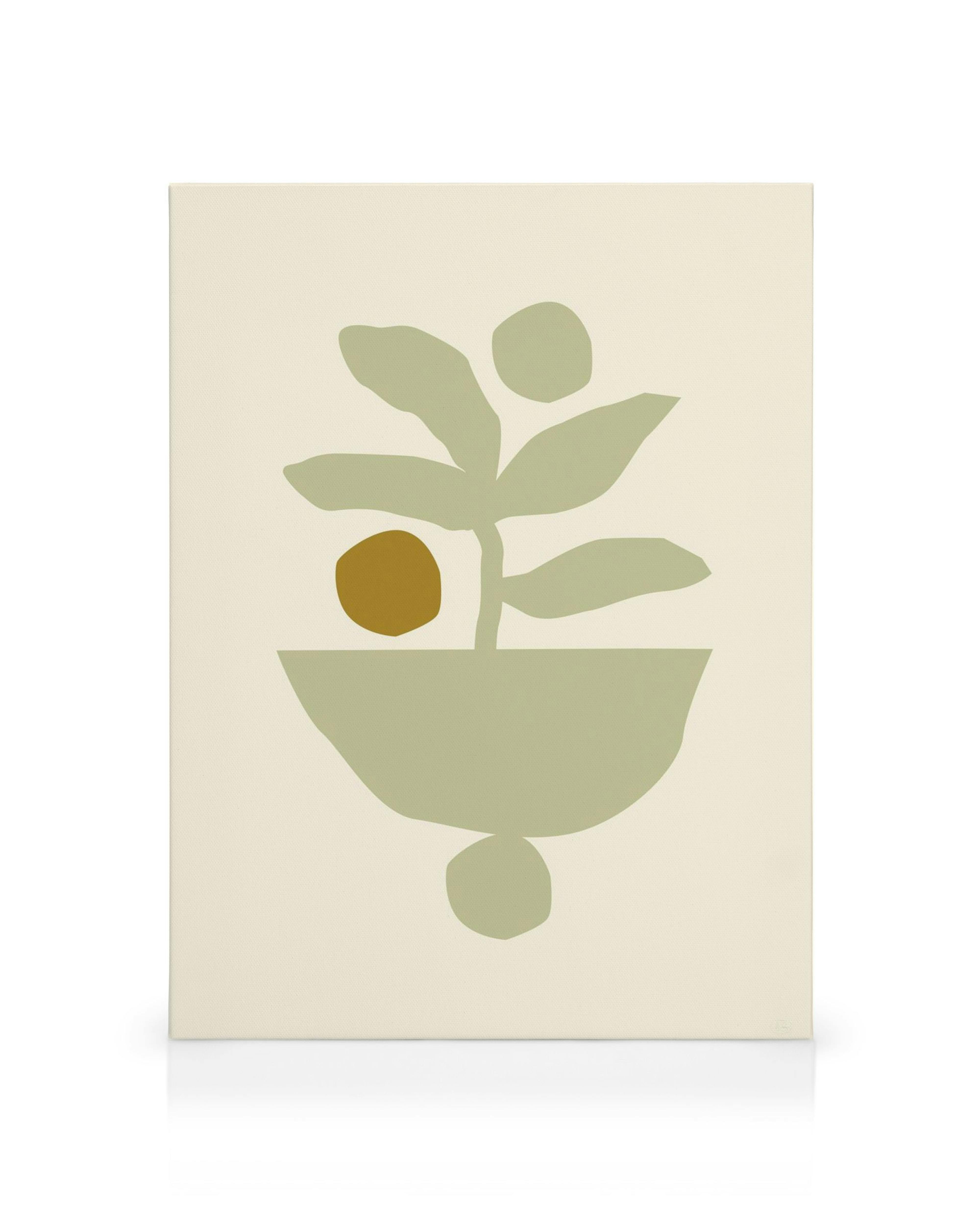 Stampa botanica astratta con vaso verde, foglie piatte e forme geometriche su sfondo beige.