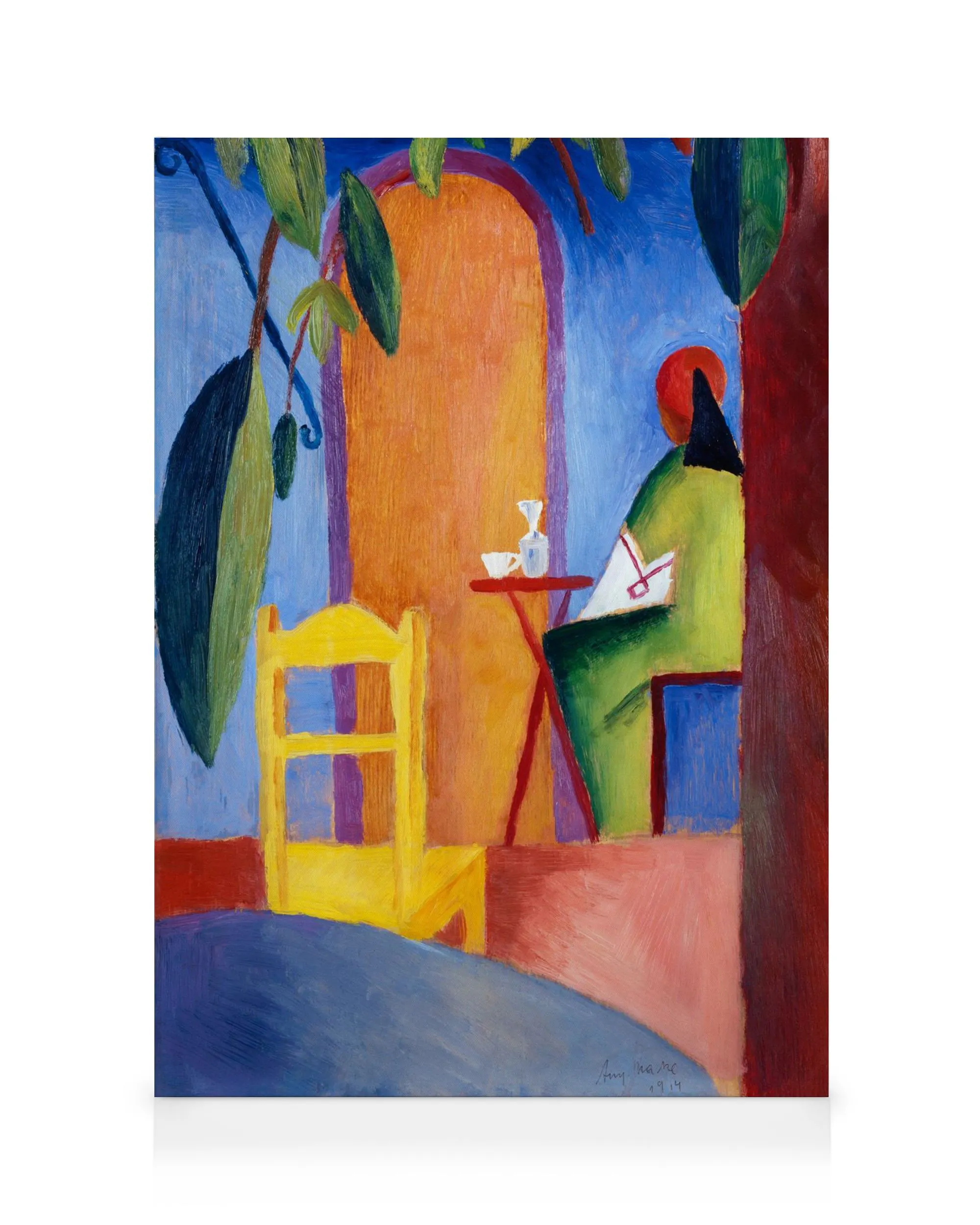 August Macke Gemälde: Frau in grünem Kleid sitzt an rotem Tisch mit gelbem Stuhl, türkisches Café