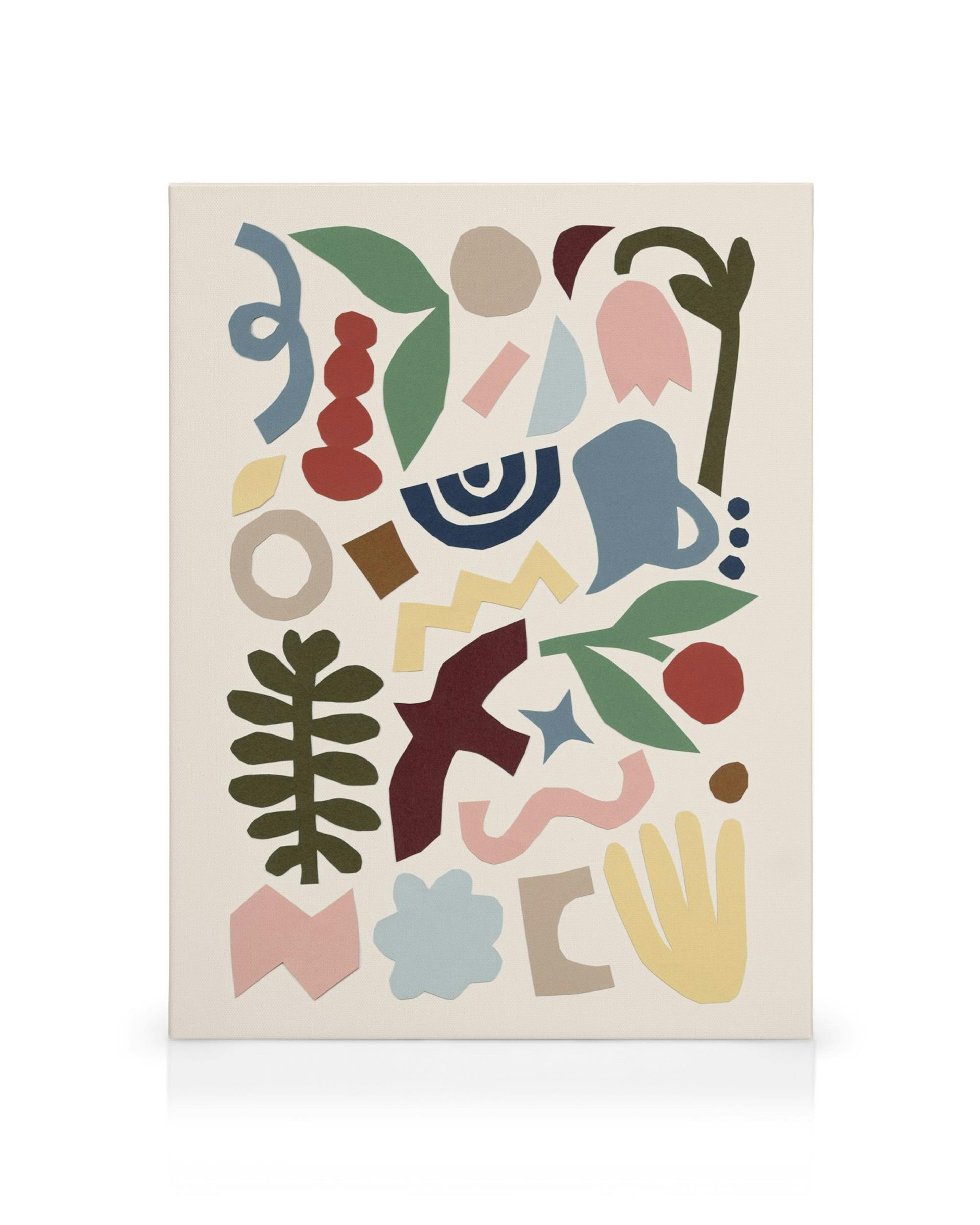 Colourful canvas with flat, cut-out shapes of leaves, geometric figures, and abstract forms in various colours