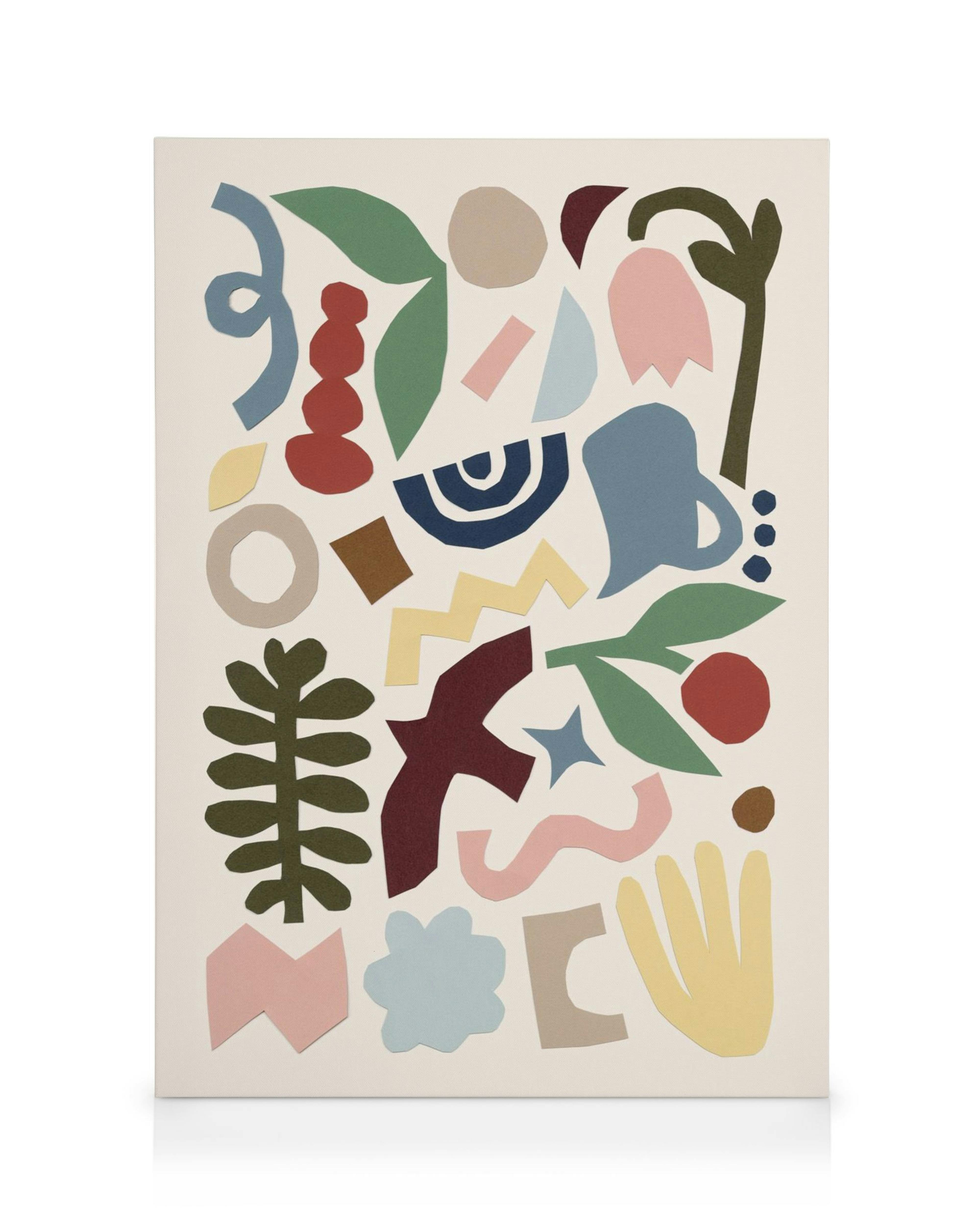 Abstract collage canvas print with cut-out shapes in various colours and organic forms for home decor.
