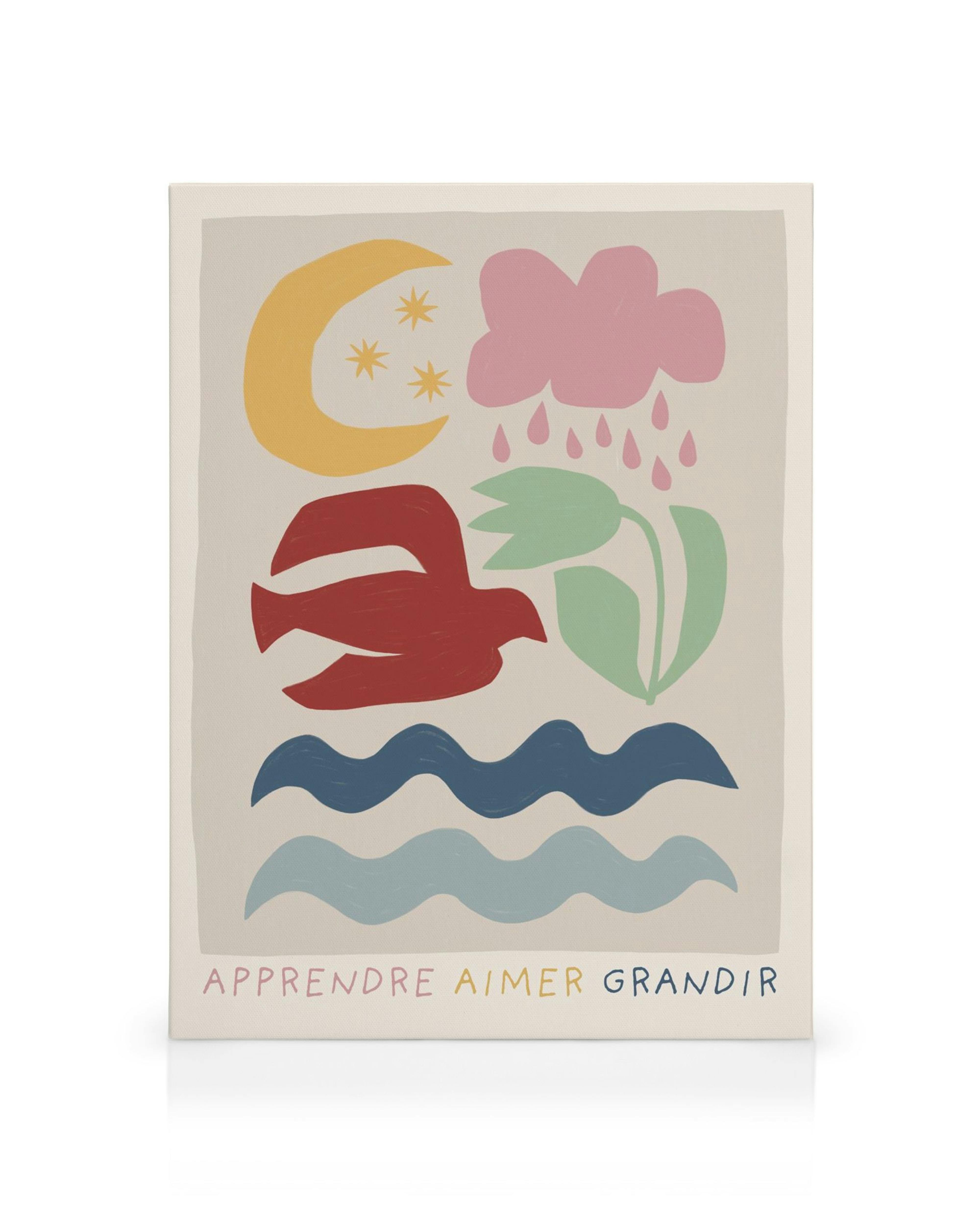 Artistiek canvas met halve maan, wolk, vogel, plant en golven in geel, roze, rood, groen, blauw en Franse tekst.