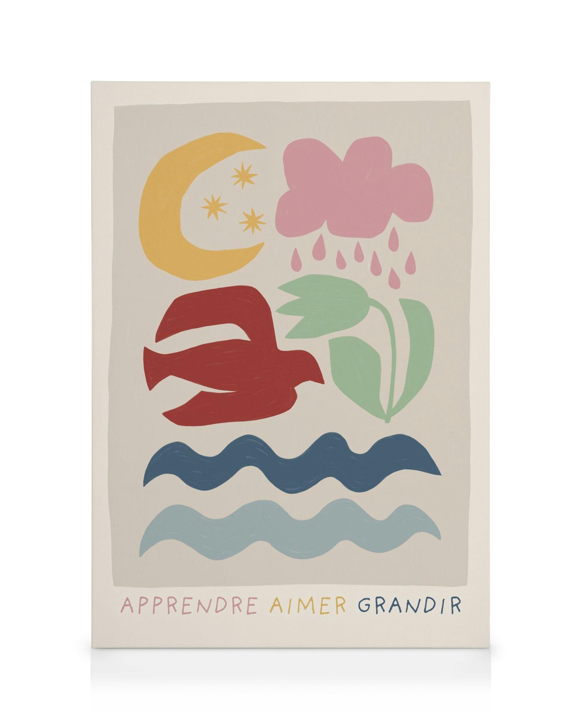 Toile avec une lune, un nuage, un oiseau, une plante et des vagues. Typographie multicolore apprendre aimer grandir, amour vibra