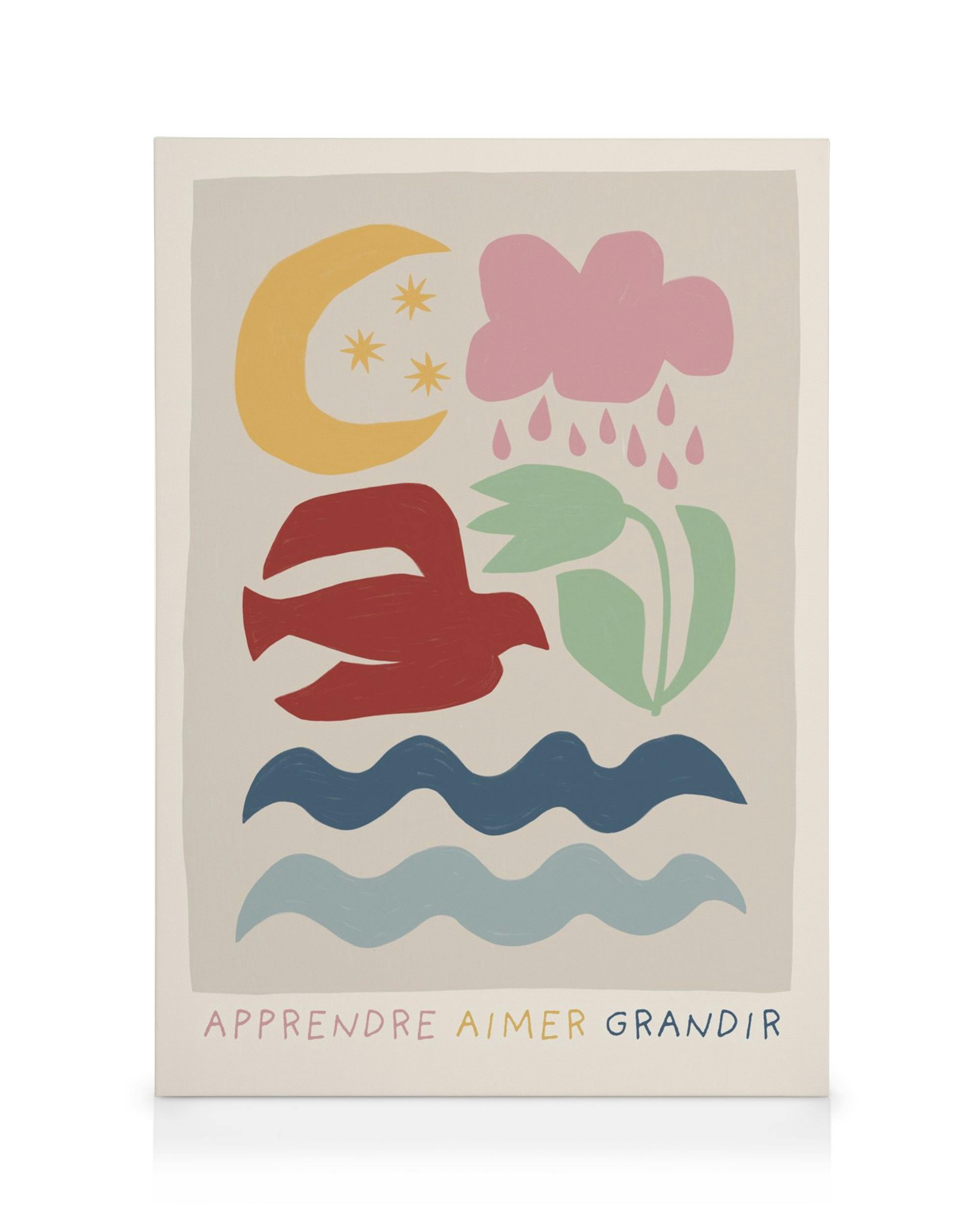 Toile avec une lune, un nuage, un oiseau, une plante et des vagues. Typographie multicolore apprendre aimer grandir, amour vibra