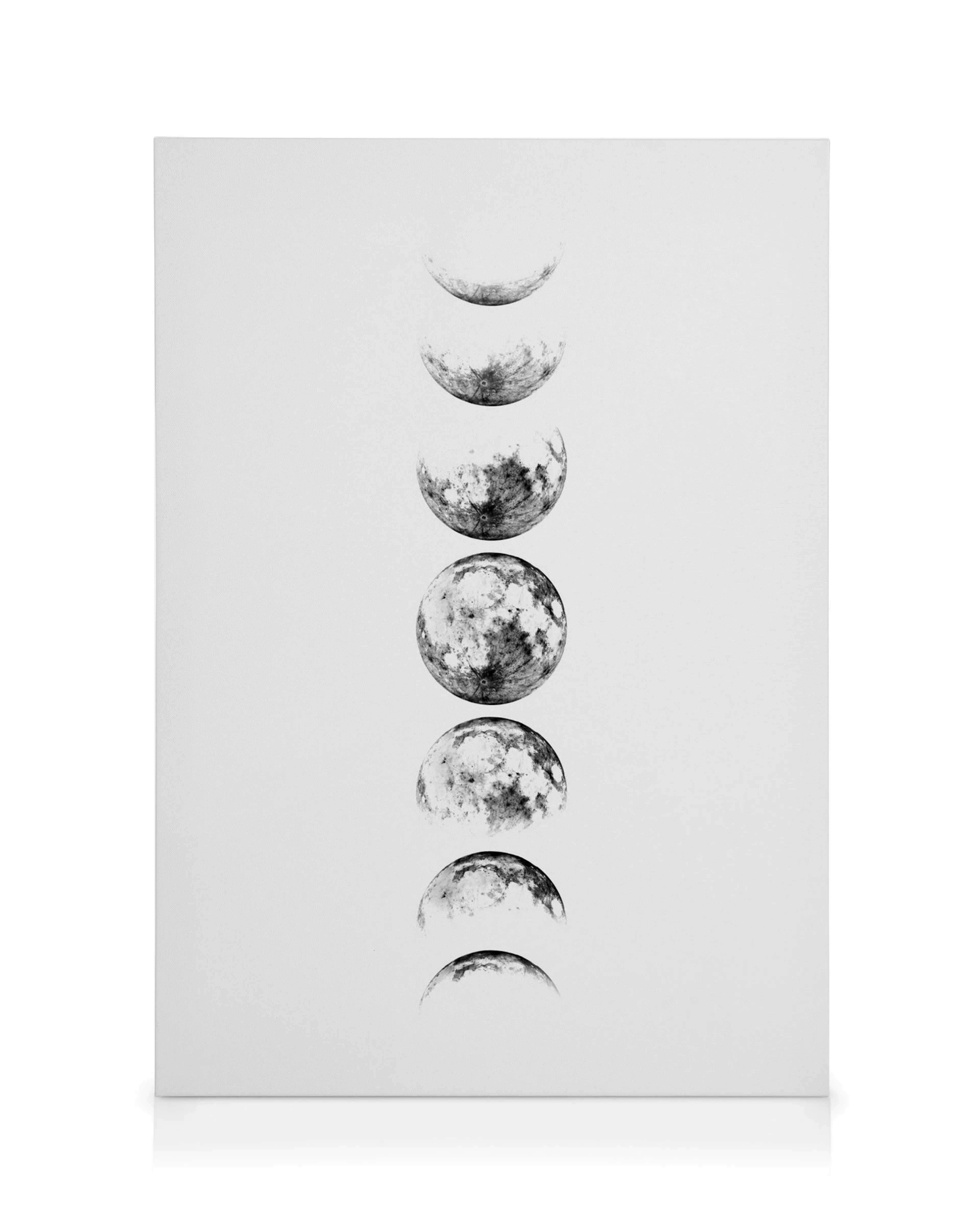 Moon phase canvas print with seven grey moons on a white background, aligned vertically.