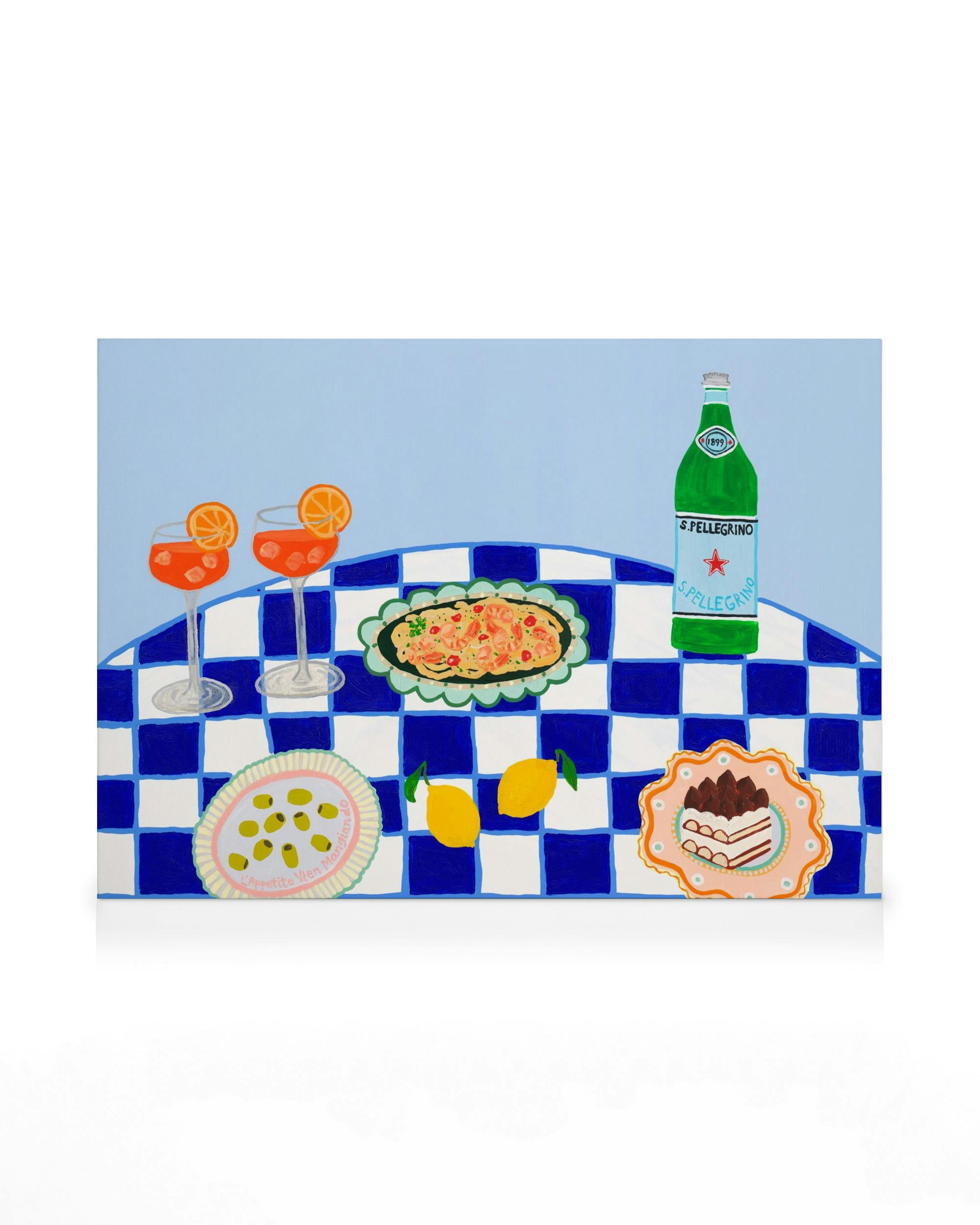 Vibrant Italian summer still life painting with Aperol spritz cocktails, pasta, lemons, and a San Pellegrino bottle on a blue an