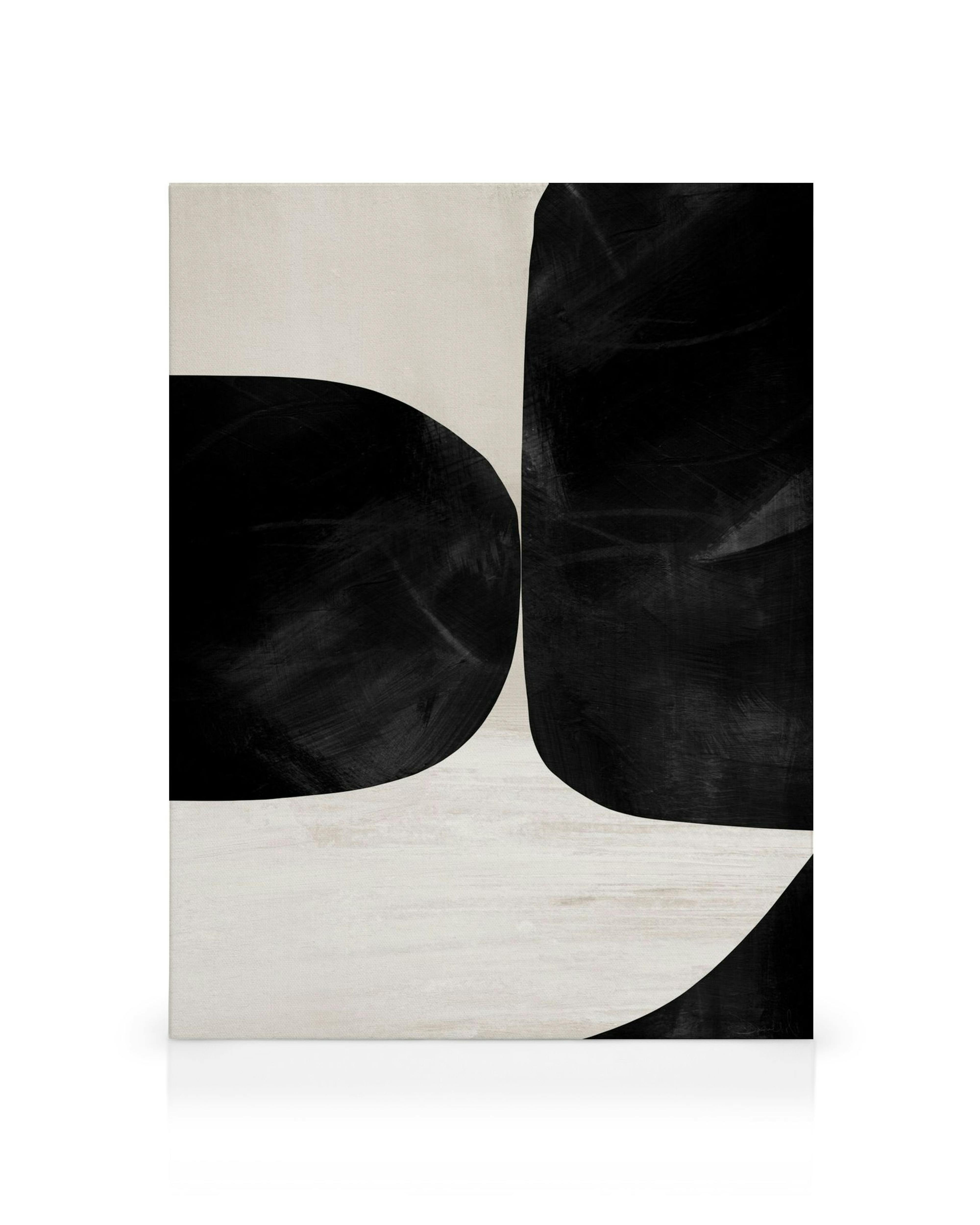 Toile abstraite beige avec demi-cercles noirs et forme courbée blanche, coups de pinceau visibles.