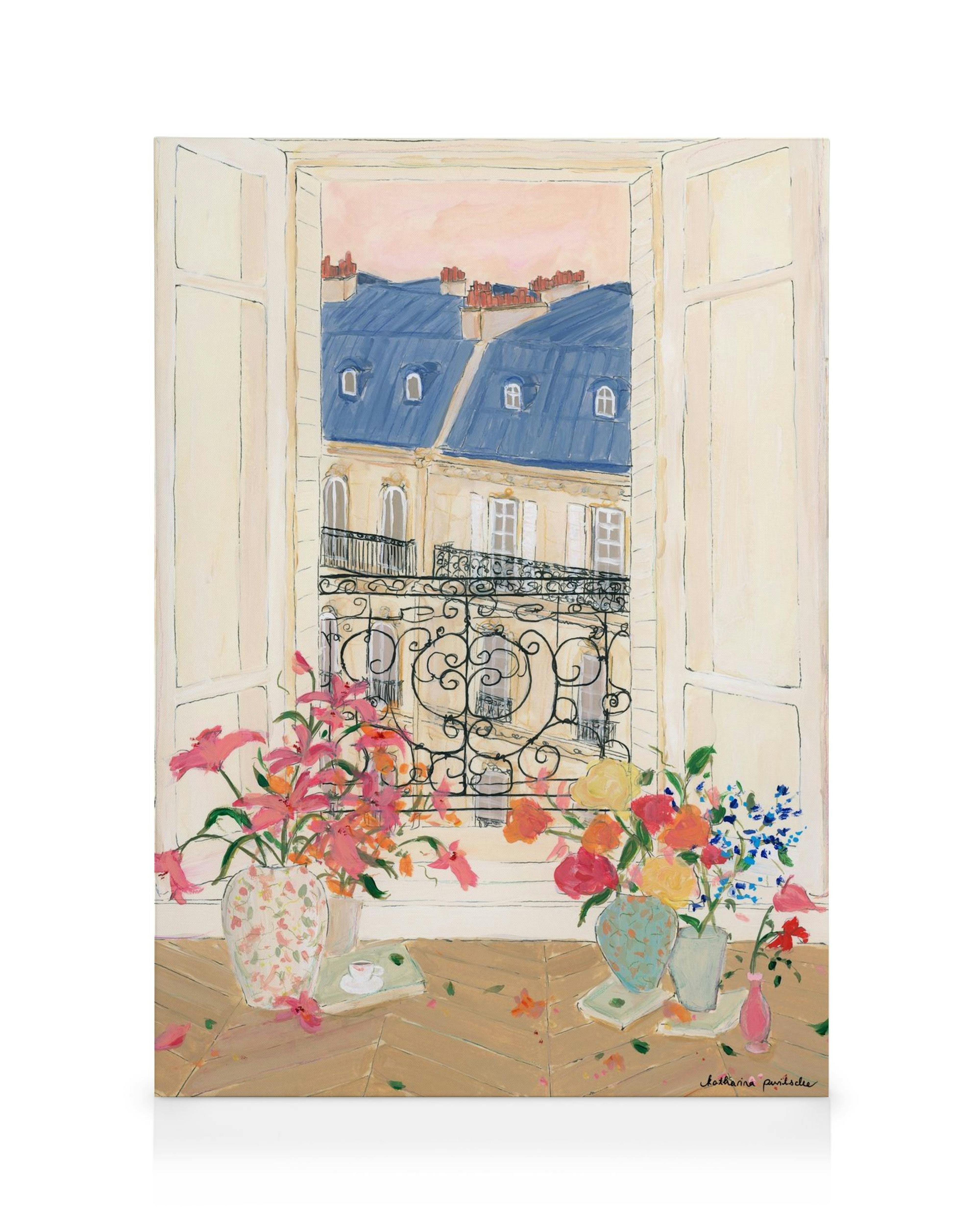 Katharina Puritschers vibrant canvas print features a window with an ornate balcony overlooking Parisian rooftops, framed by col