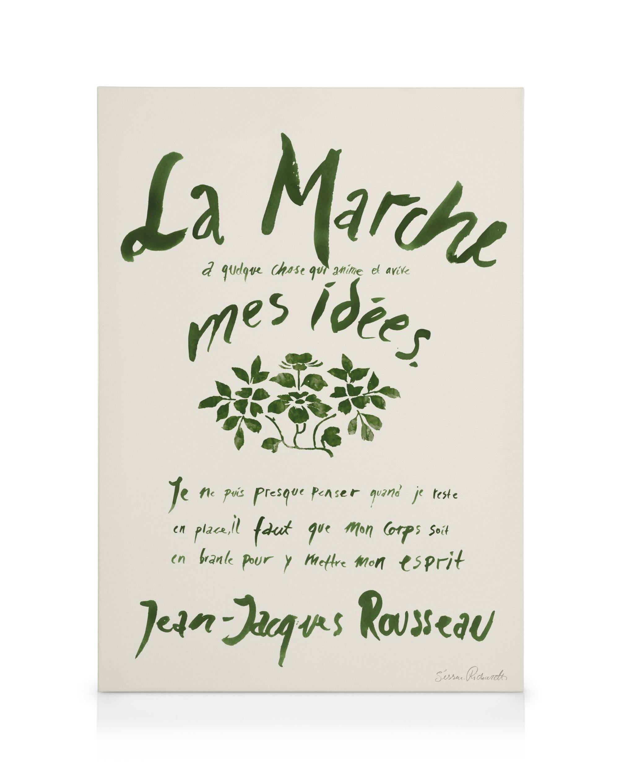 Toile La Marche : Typographie verte et illustration florale sur fond blanc, avec texte de Jean-Jacques Rousseau.