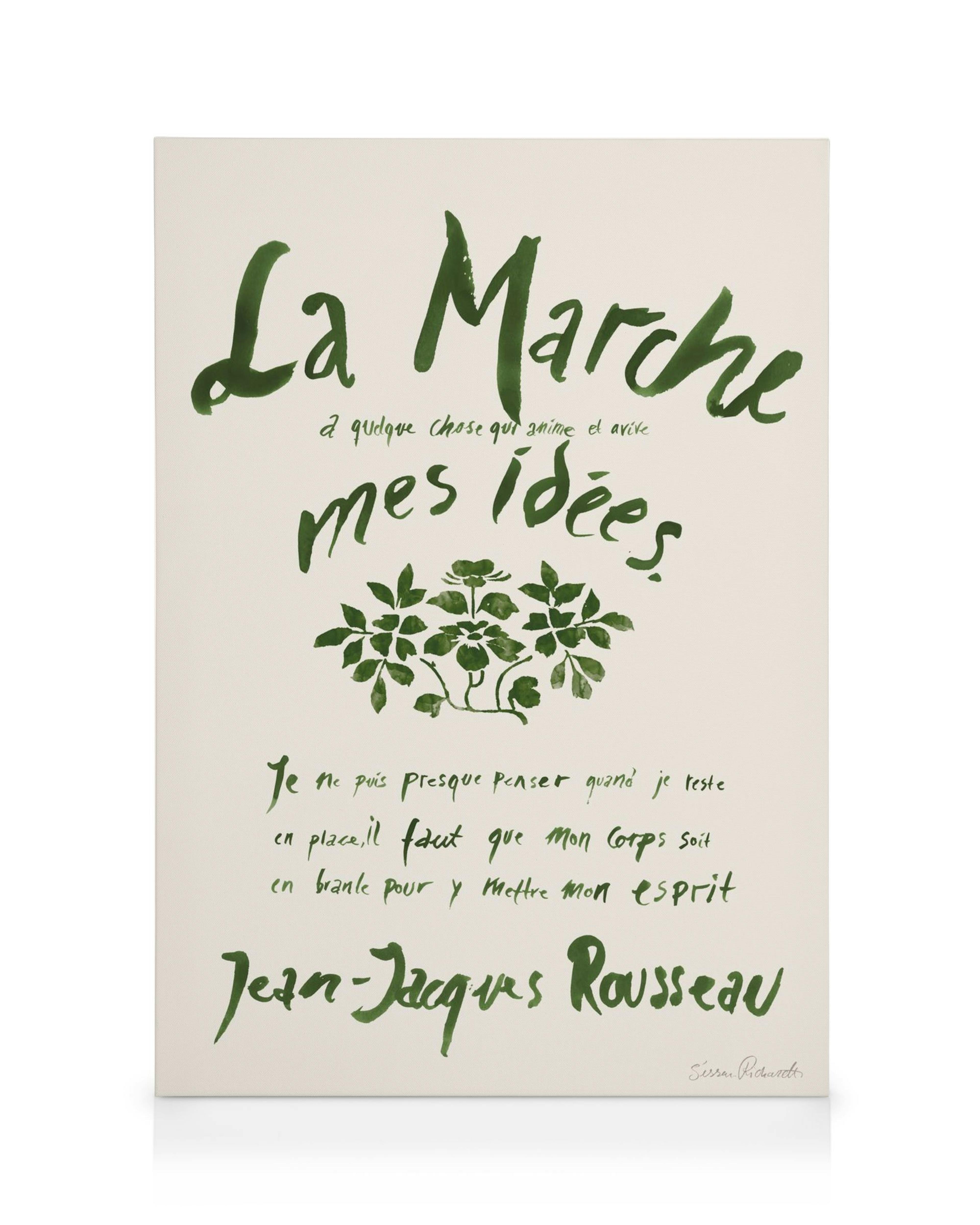 Toile La Marche : Typographie verte et illustration florale sur fond blanc, avec texte de Jean-Jacques Rousseau.
