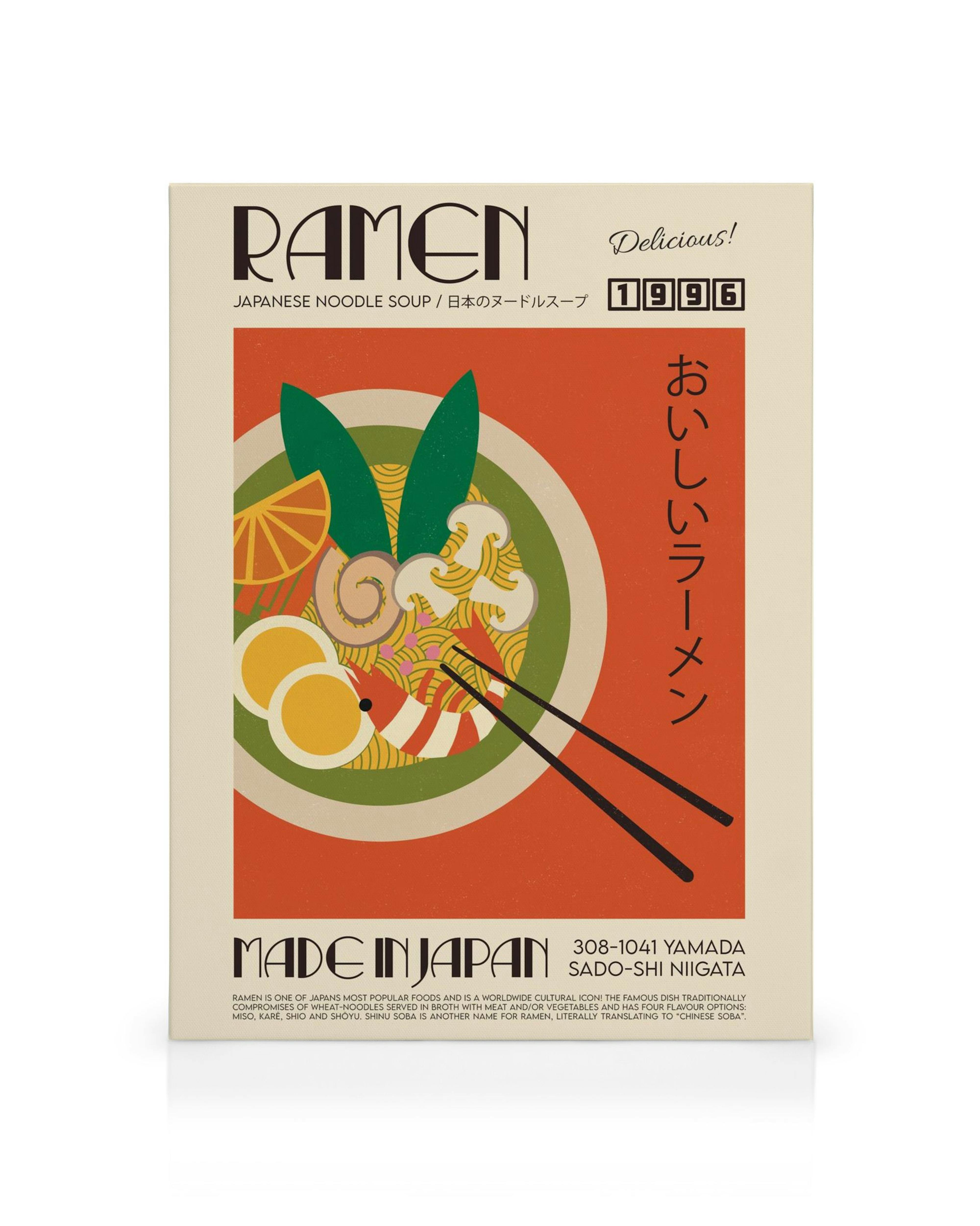 Kunsttryk af ramen skål med spisepinde, æg, rejer og grønt. Ramen plakat i retro japansk stil.