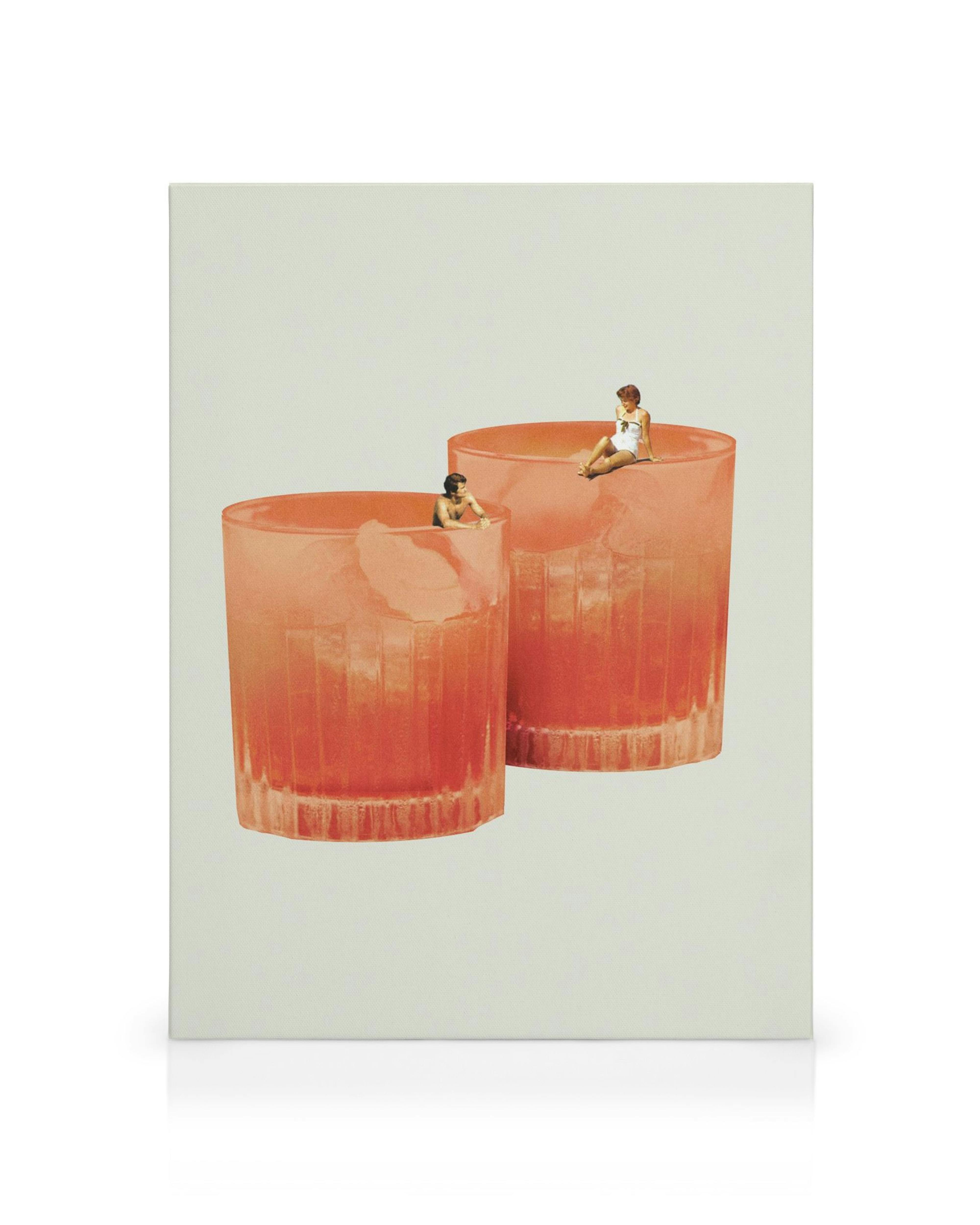 A canvas print featuring two orange cocktail glasses on a light background, with tiny people relaxing in and on them.