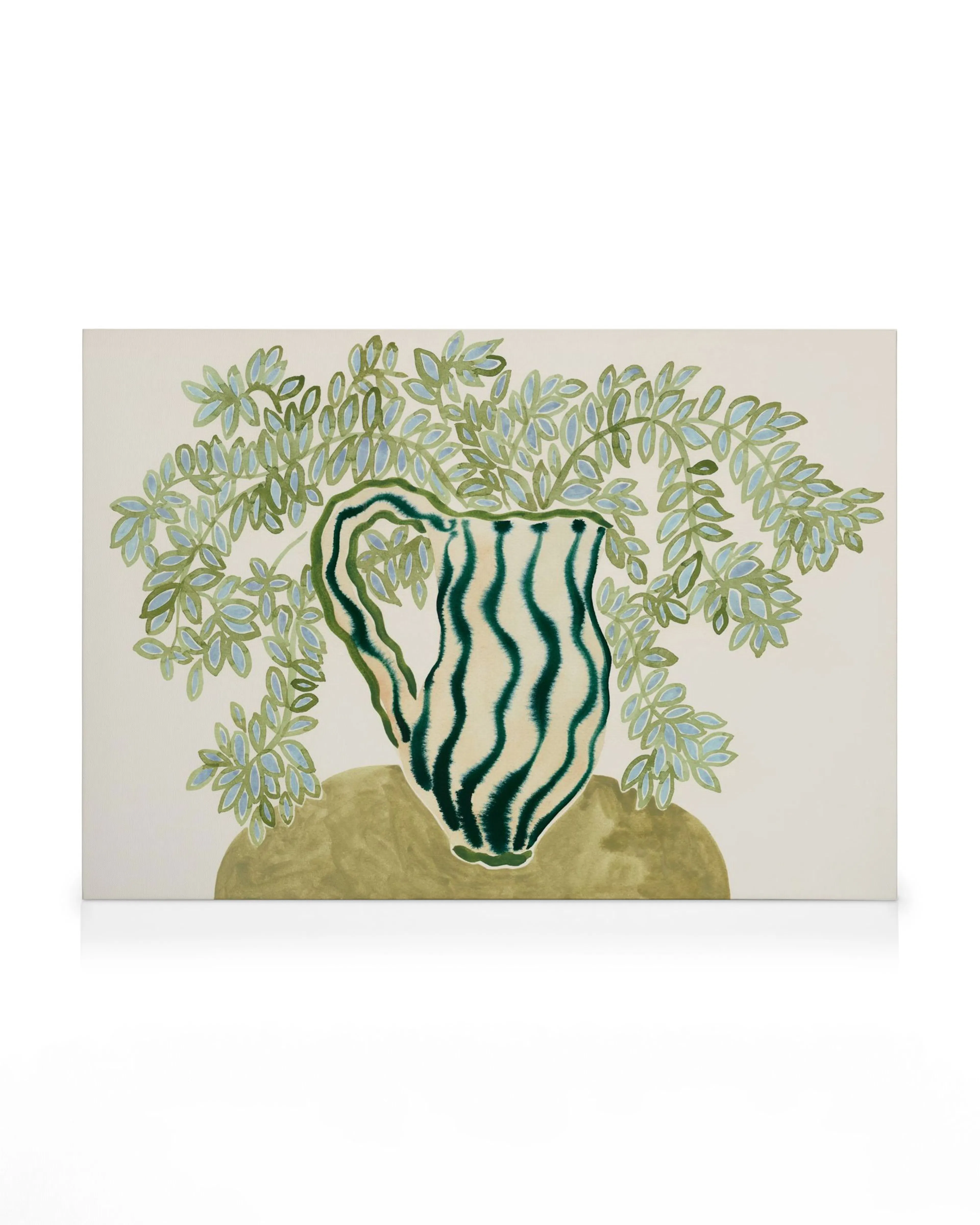 A canvas print featuring a light green and blue leaf arrangement in a striped dark green and white pitcher.
