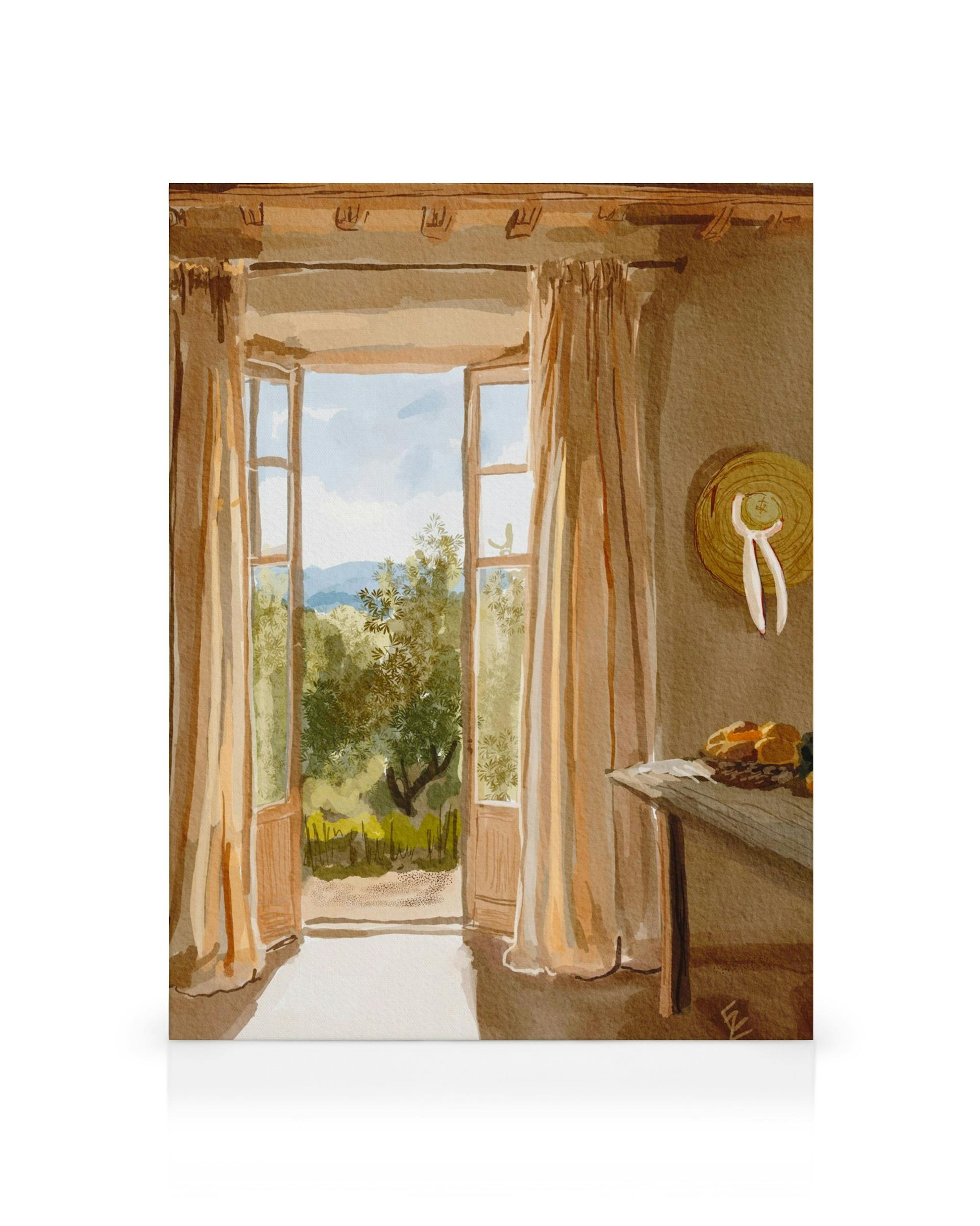 A canvas print featuring an open window overlooking a lush green landscape with distant blue mountains under a bright sky.