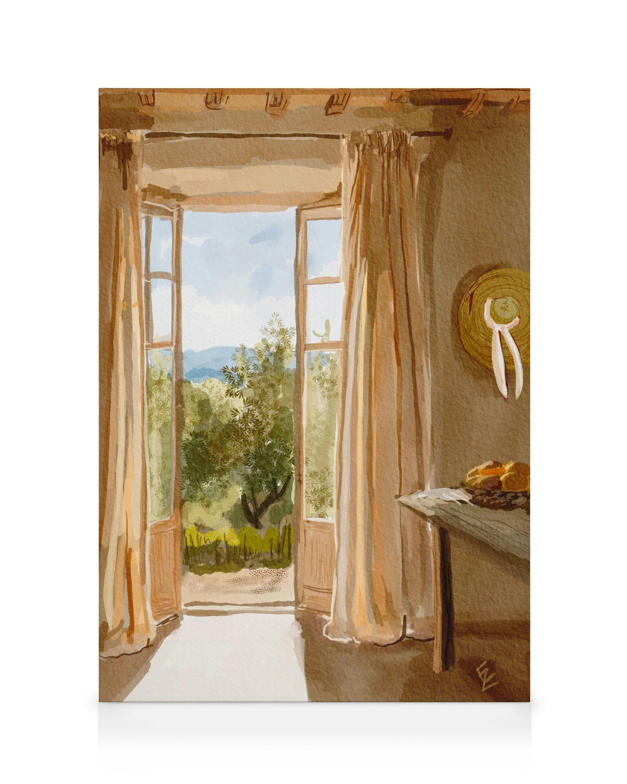 Leinwandbild eines offenen Fensters mit Blick auf eine grüne Landschaft und Berge, inklusive Strohhut und Brot.