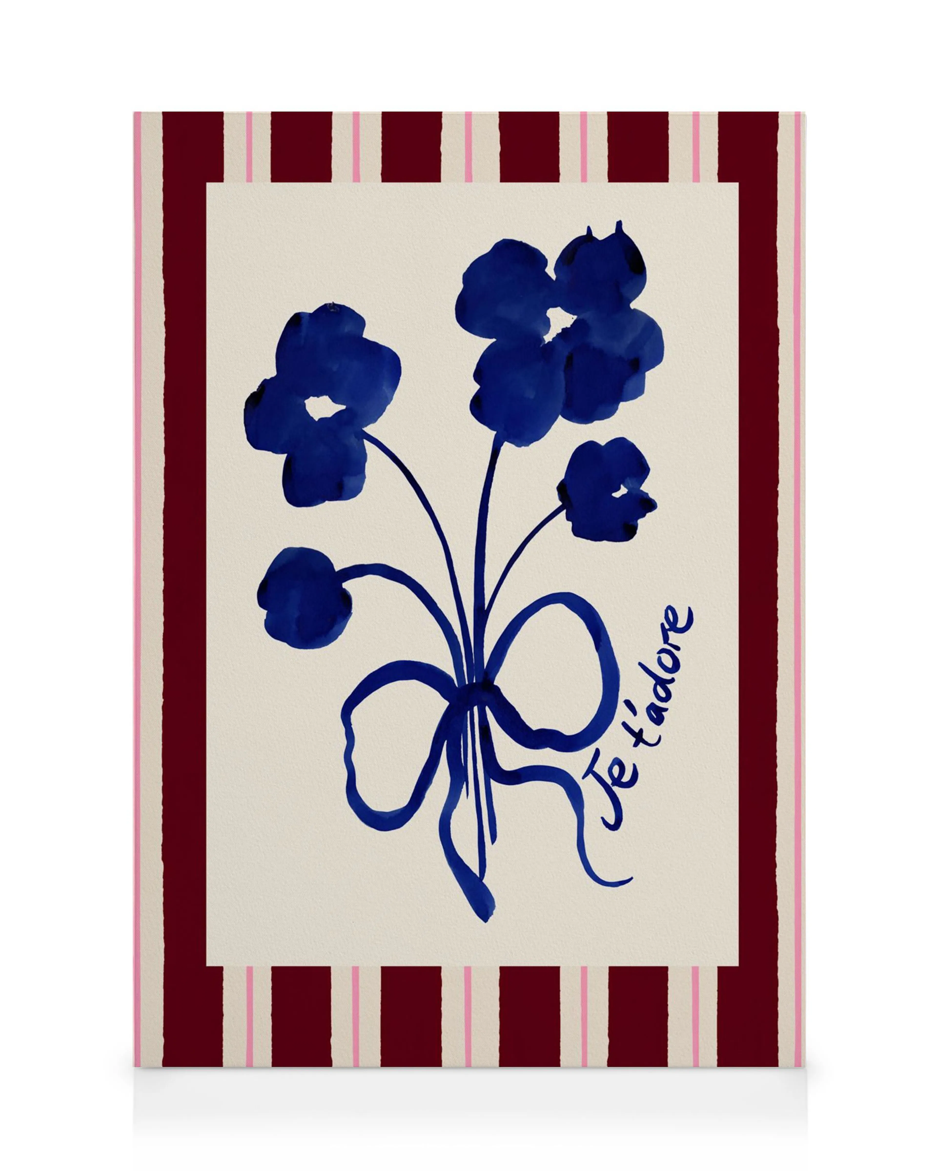 Stampa su tela con un bouquet di fiori blu legati da un fiocco, la scritta Je tadore e una cornice a righe.