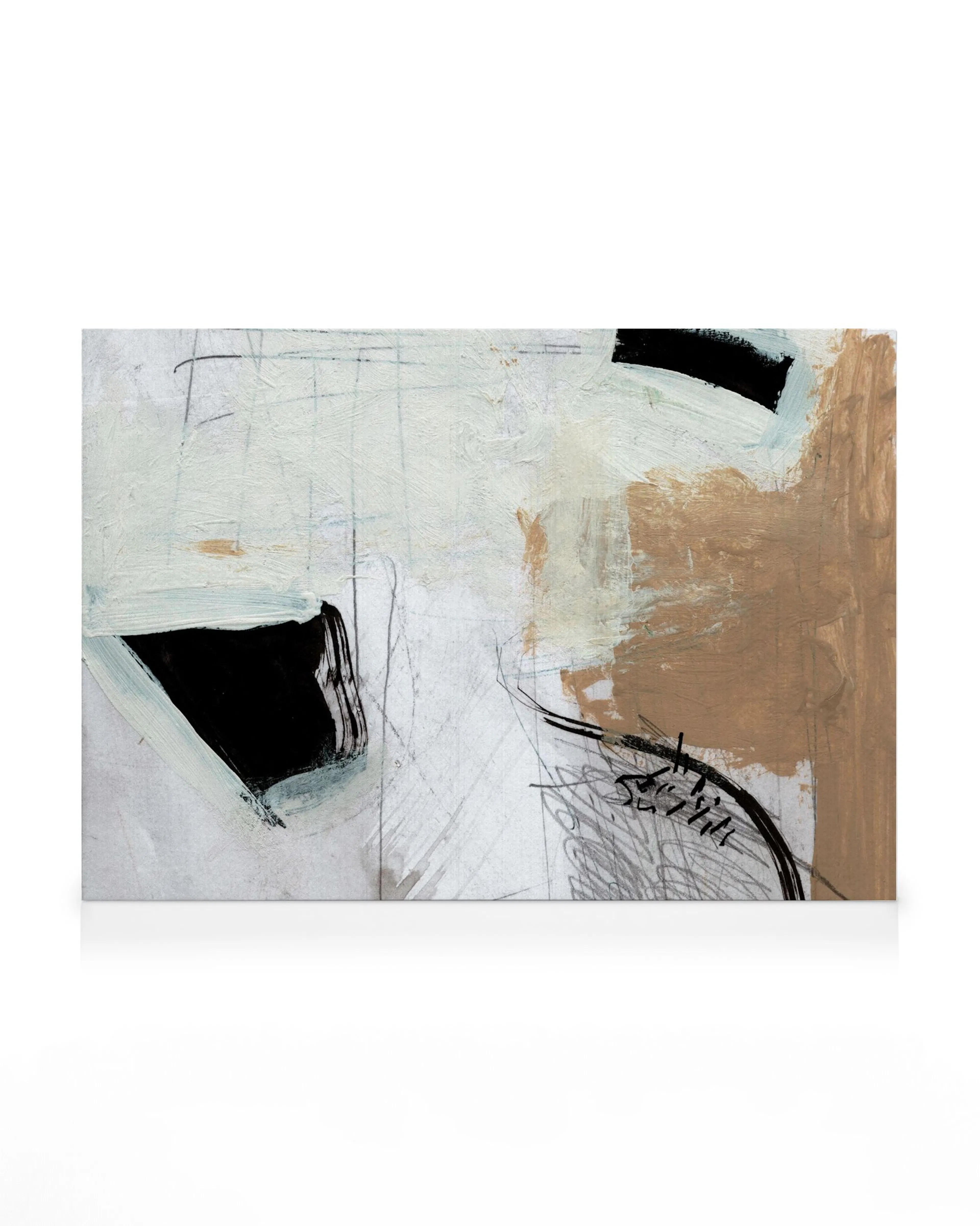Toile abstraite aux formes noires et beiges sur fond blanc texturé avec des lignes grises.